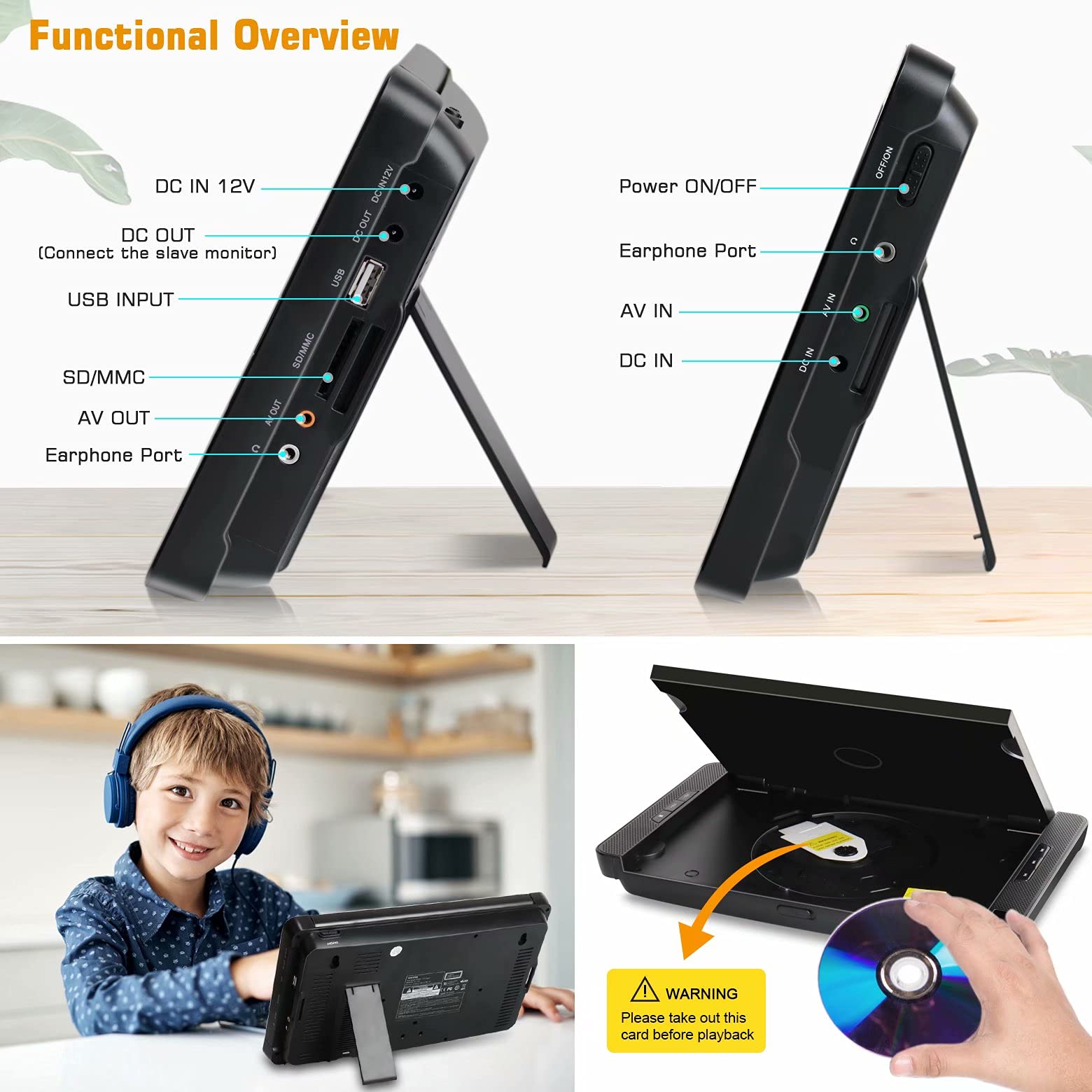 WONNIE 10.5" Dual Portable DVD Player for Car, Headrest Kids CD Players