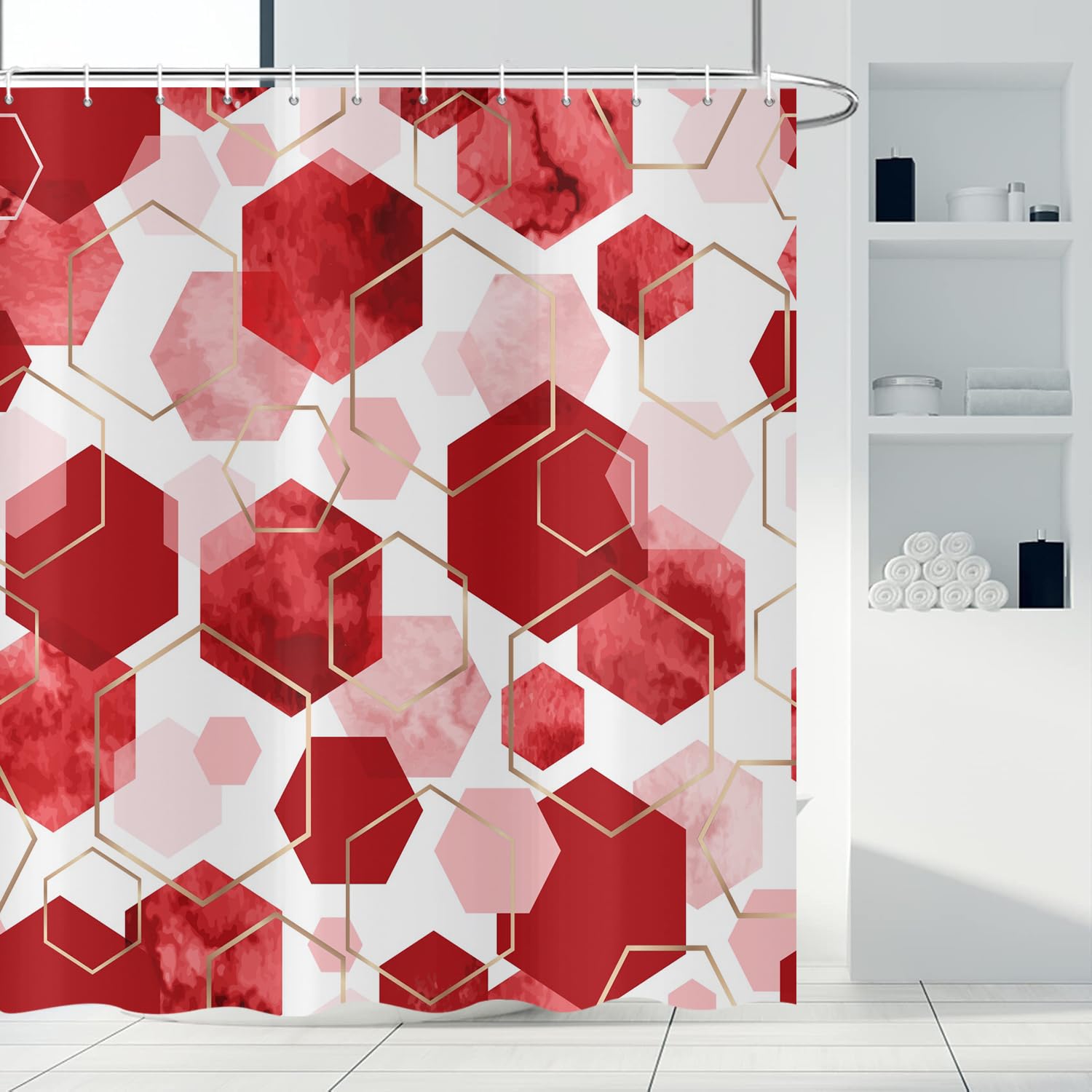 ASDCXZ Red Duschvorhang 180x180 cm, Modern Abstract Art Geometric Red Pink Gold Hexagon Pattern Waterproof Bath Curtain Polyester Textile Washable Shower Curtains for Bathtub with 12 Hooks