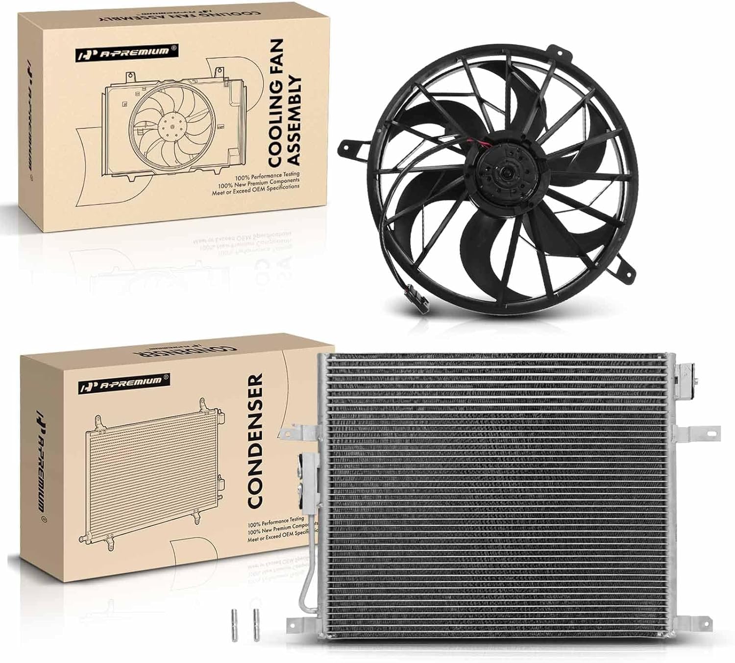 A-Premium A/C Condenser & Cooling Fan Assembly Compatible with Jeep Grand Cherokee 2004 4.0L, 2-PC Set