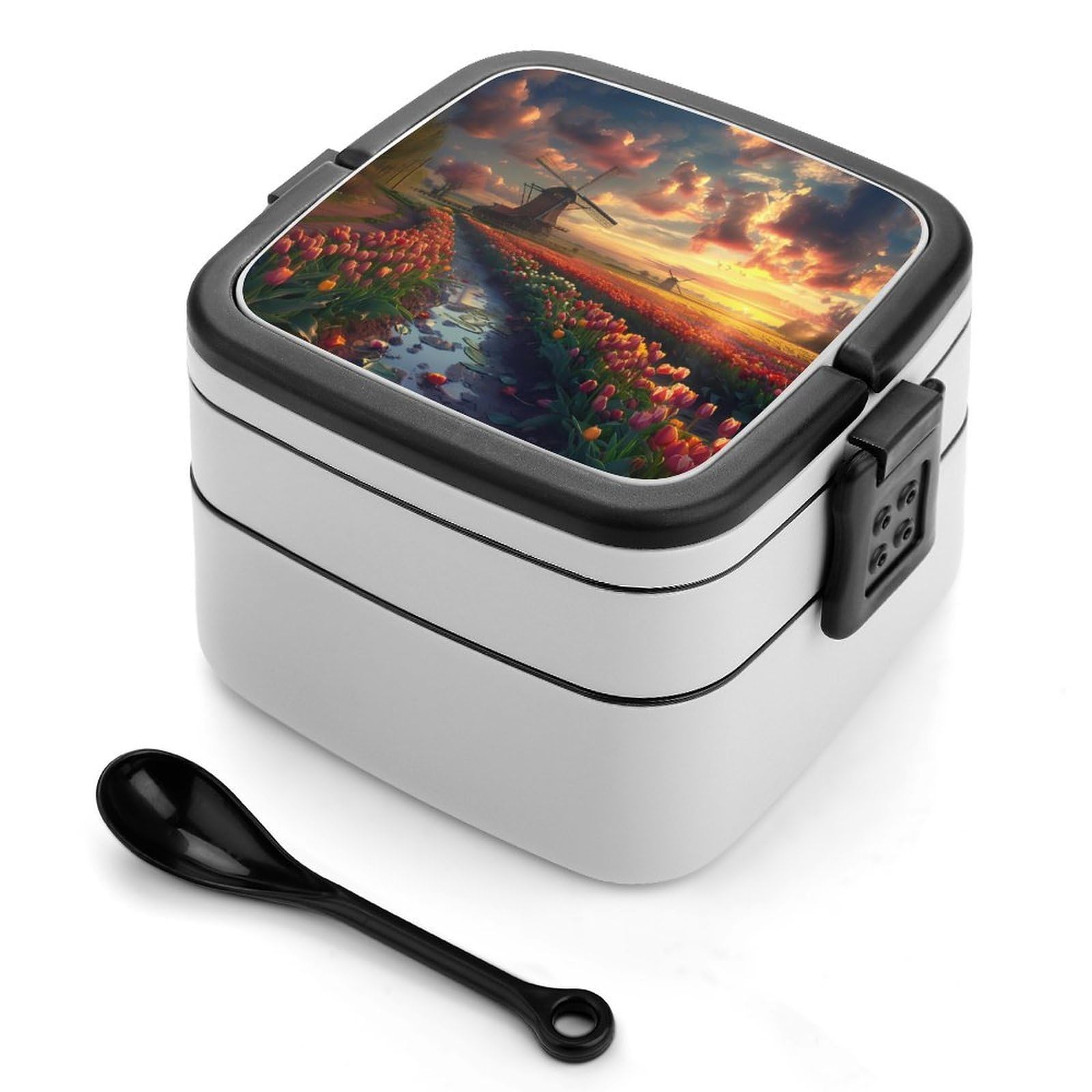 CGSBNGHA Vibrant Tulips Field with Dutch Windmills Bento Lunch Box 2 Layer Lunchbox Food Container for Adults Office