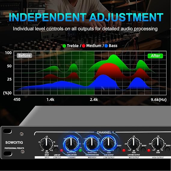 Audio Crossover, Professional 2/3-Way or 4-Way Mono Crossover with XLR Input & Output, Signal Processor for PA System with Subwoofer Support