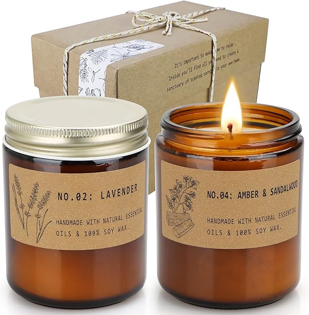 Scented Candles Gift Set,7.2oz Long Burning Soy Candles, Natural Organic Candles for Stress Relief Relaxation, Gifts Set for Women, Lavender,Amber & Sandlwood ,Large 2 Pack
