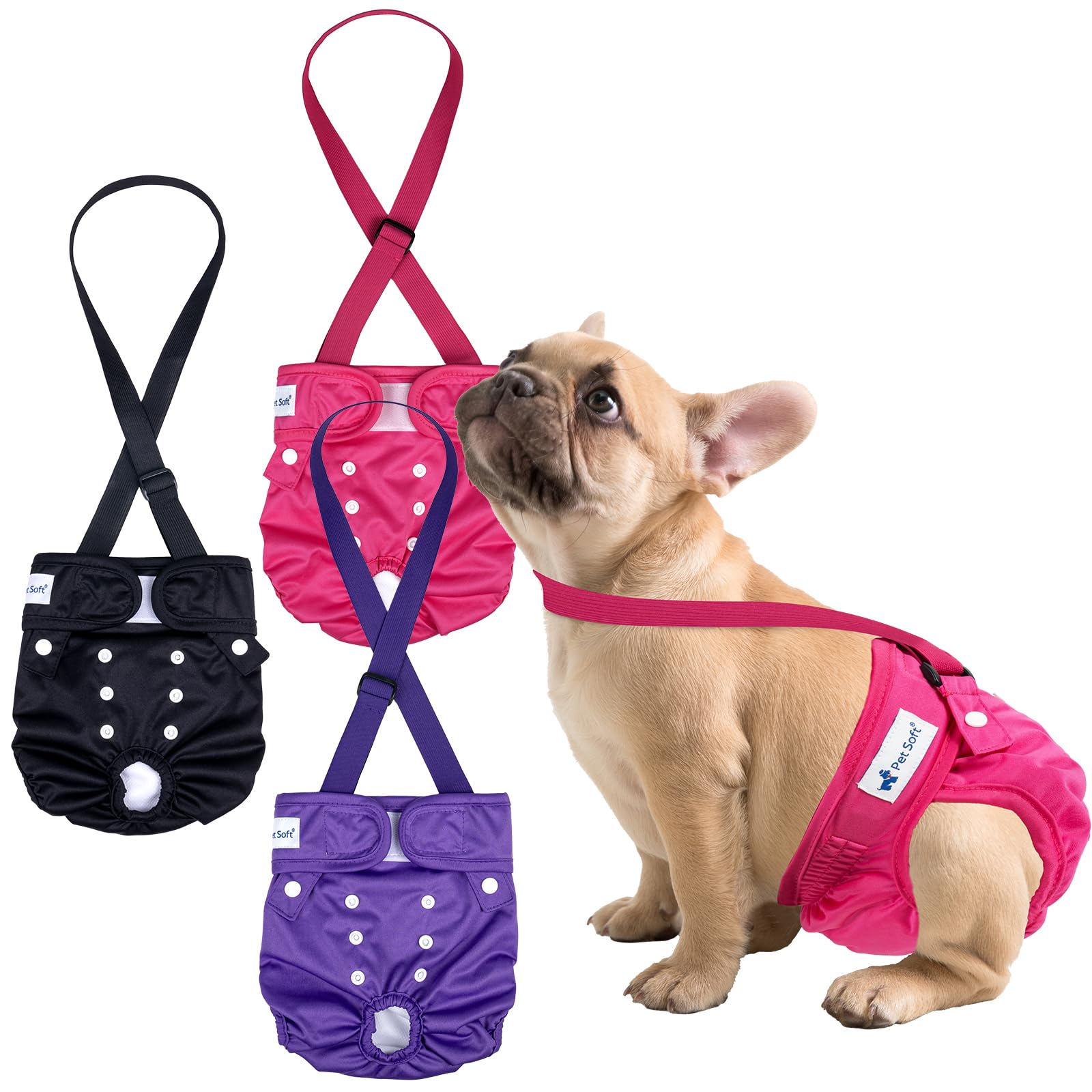 Pet Soft Dog Diapers Female with Suspenders, 3 Pack Reusable Female Dog Diapers for Heat, Dog Period Panties for Doggie in Cycle(X-Small, Berry Mix)