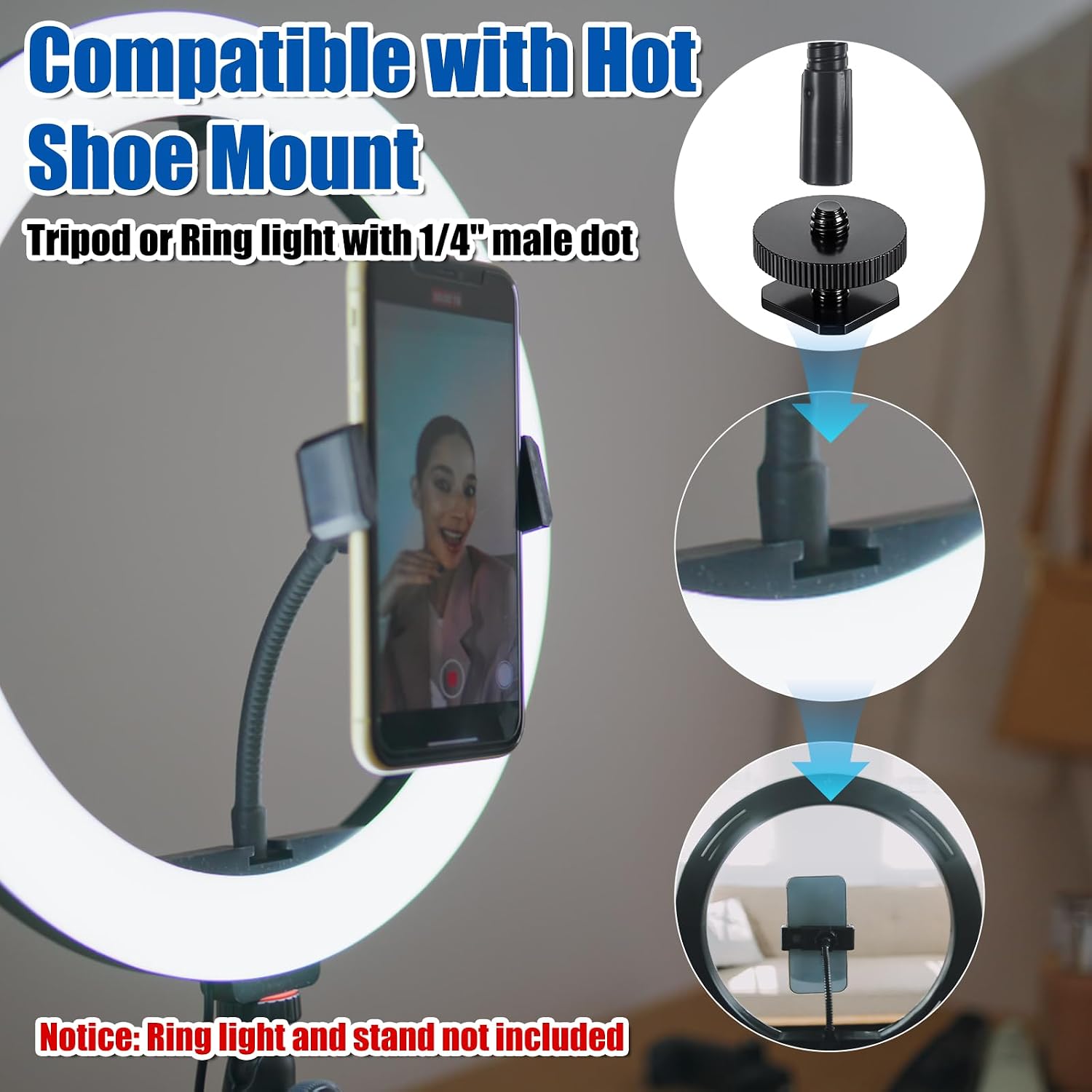 Universal Phone Holder for Ring Light, Ring Light Phone Holder 1/4" and Hot Shoe Adapter Flexible Phones Mount for Rings Lighting and Tripod