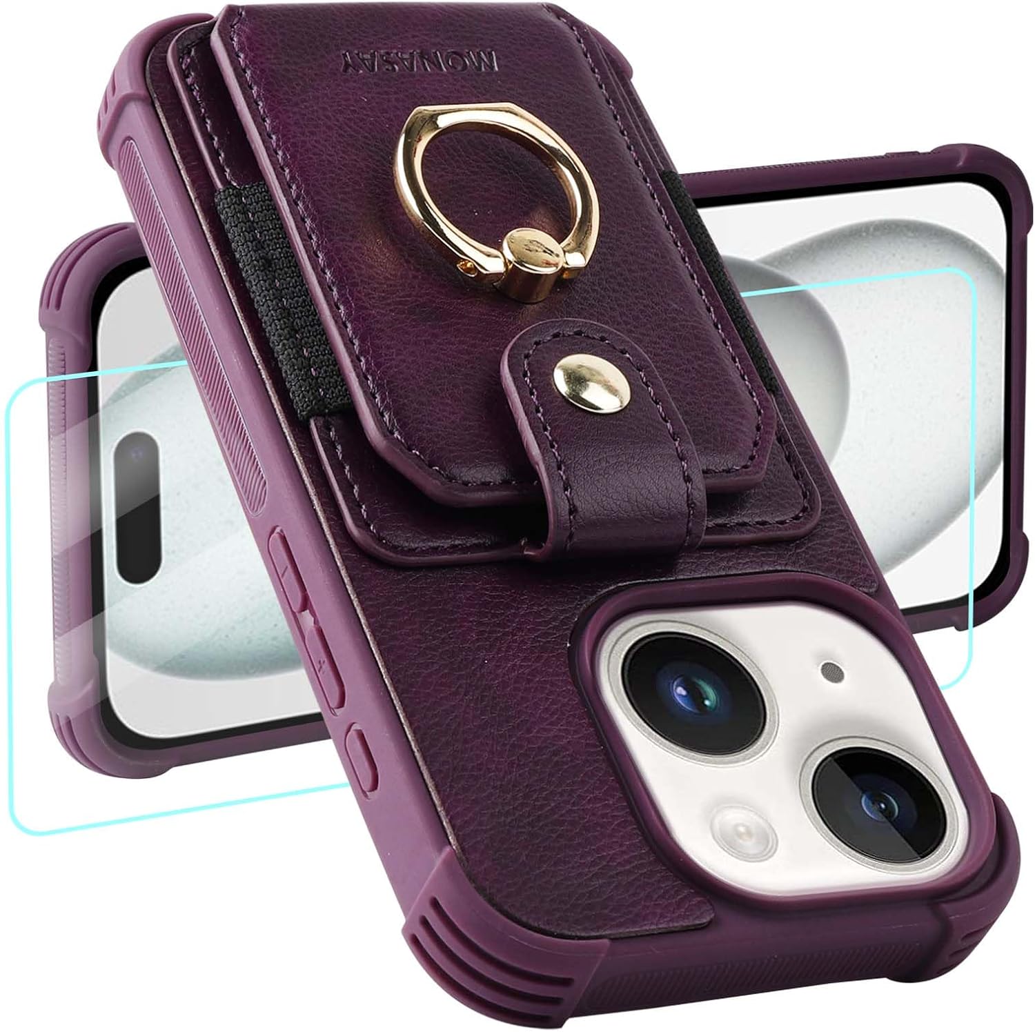MONASAY Wallet Case Compatible for iPhone 15 Plus/14 Plus 5G 6.7 inch with 360° Rotation Ring Stand[Glass Screen Protector][RFID Blocking] Leather Phone Cover with Card Holder, Purple