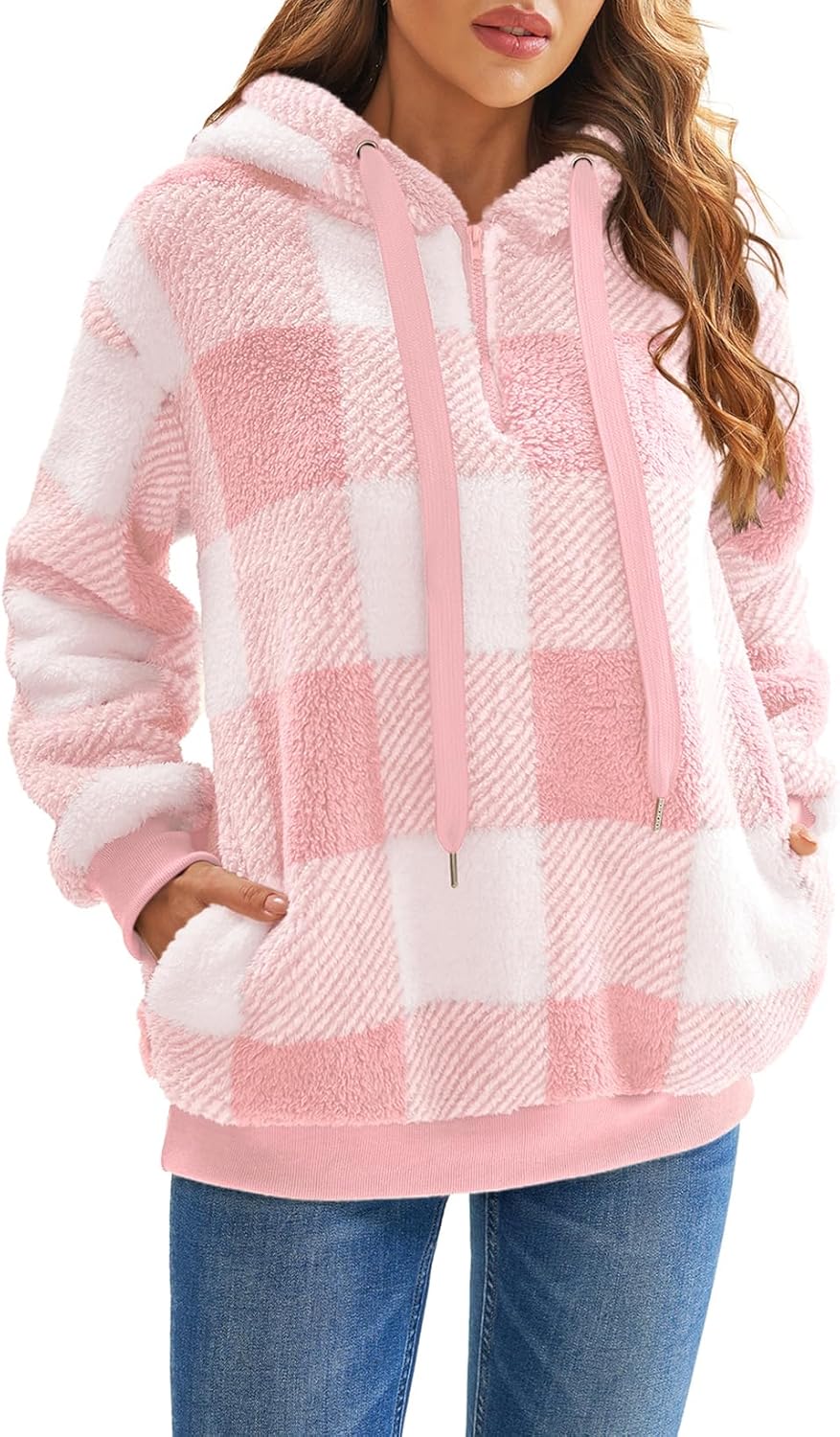 Nirovien Womens Sherpa Pullover Oversized Fuzzy Hoodie Double Fleece Sweatshirts Fluffy Plaid Outerwear Warm Coats - Image 2