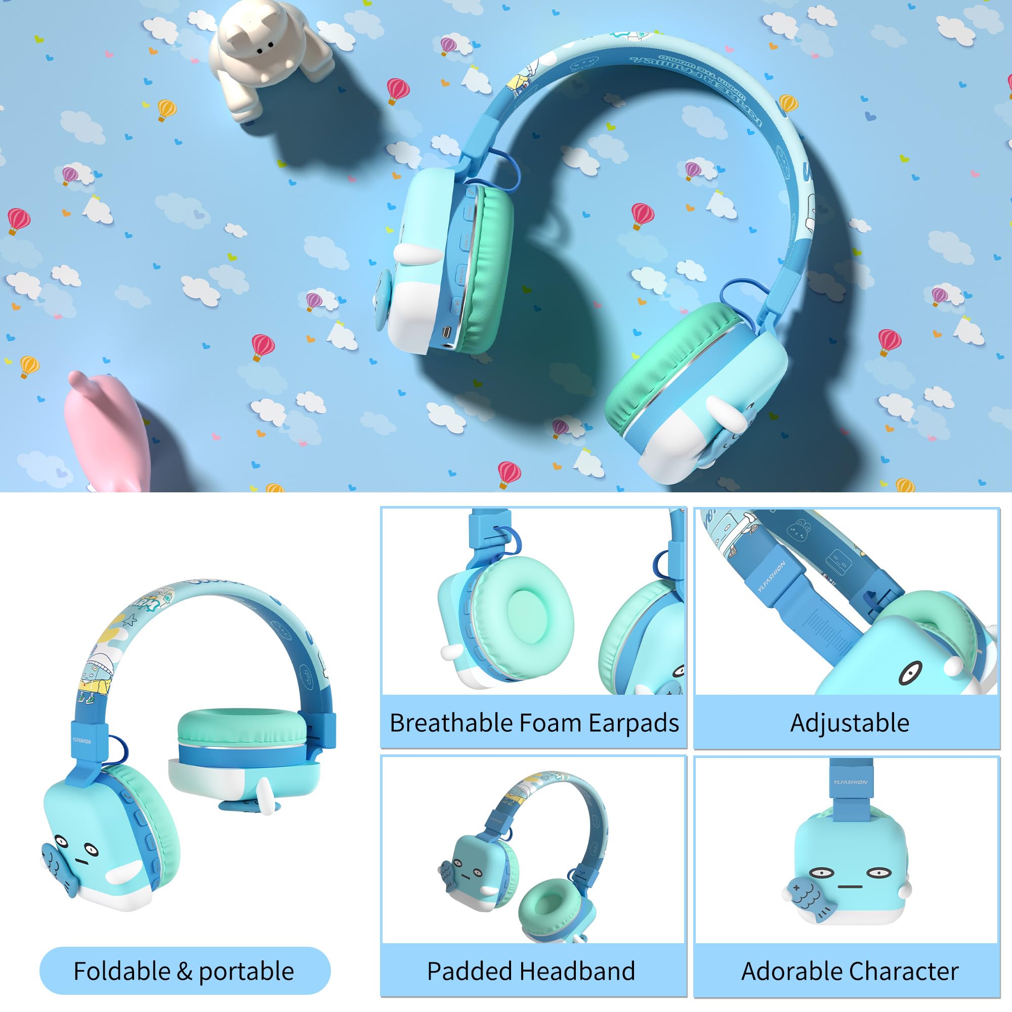 Auriculares Bluetooth para niños, inalámbricos y con cable, micrófono integrado, volumen limitado, cómodos y plegables, Bluetooth 5.4, azul