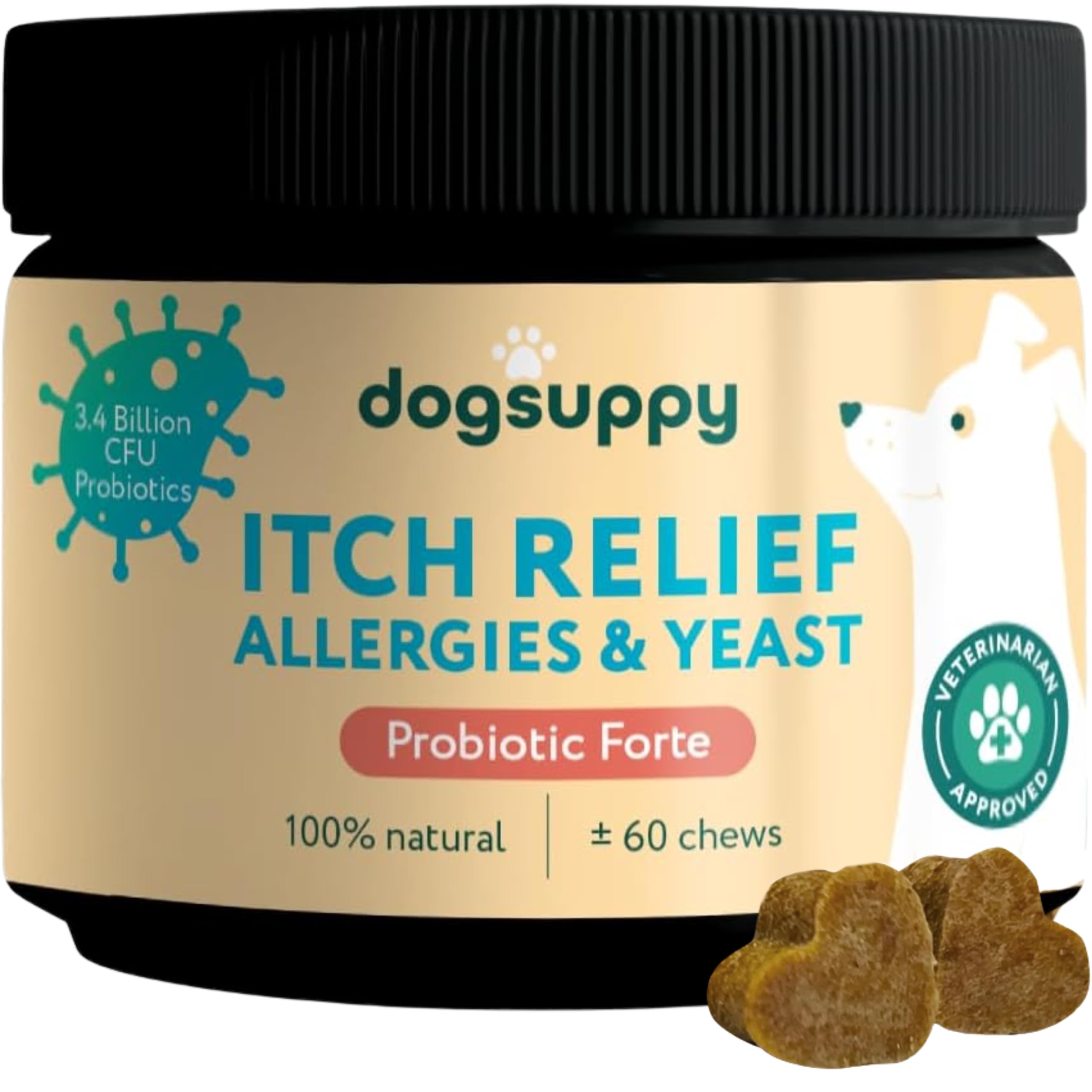 DogSuppy Itch Relief For Dogs – Relieves Itching, Scratching, Licking, Allergies & Yeast, 100% Natural, Supports Gut Health & Immunity – For Small, Medium & Large Dogs | 60 Chews (180g), Without meat — image 1