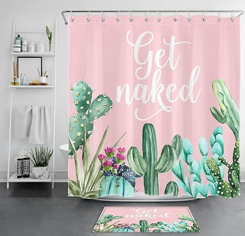 LB Western Cactus Shower Curtain Sets with Rugs Tropical Green Succulent Botanical with Floral on Pink Fabric Shower Curtain with Hooks Watercolor