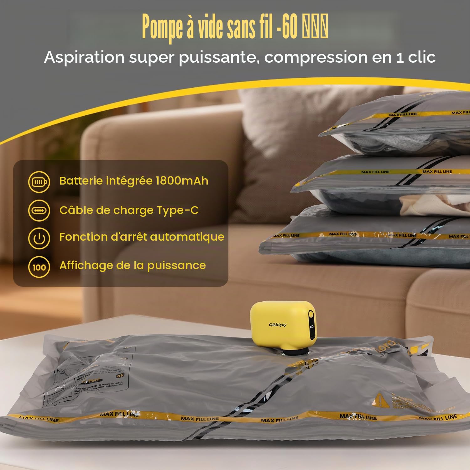 Sac Sous Vide Vetement avec Pompe Sans Fil, 15 Pièces Sac Compression Voyage (5*40x40cm, 5*40x50cm, 5*40x60cm), Gain de 80 % d'espace, Convient pour Les Valises de Voyage et Le Rangement à Domicile