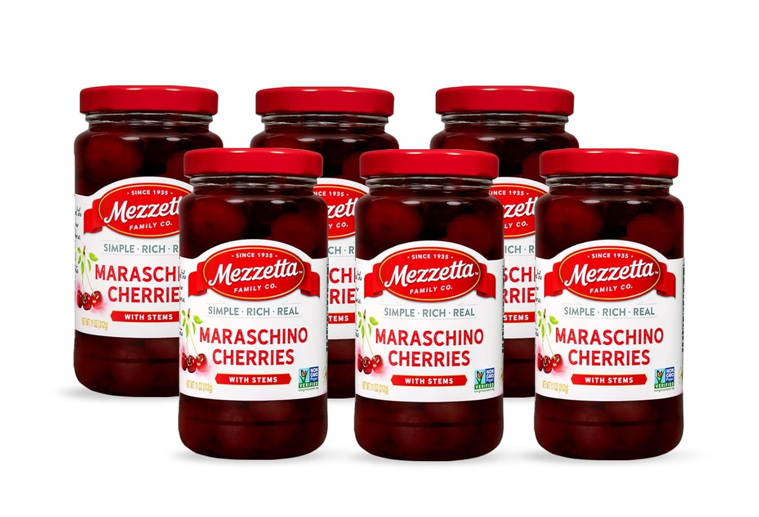 Mezzetta Maraschino Cherries with Stems Combo Pack - Cocktail Cherries in a Jar for Drinks, Baking and Ice Cream - Non-GMO, Kosher, No Artificial Colors or Flavors - 11 Oz Pack of 6