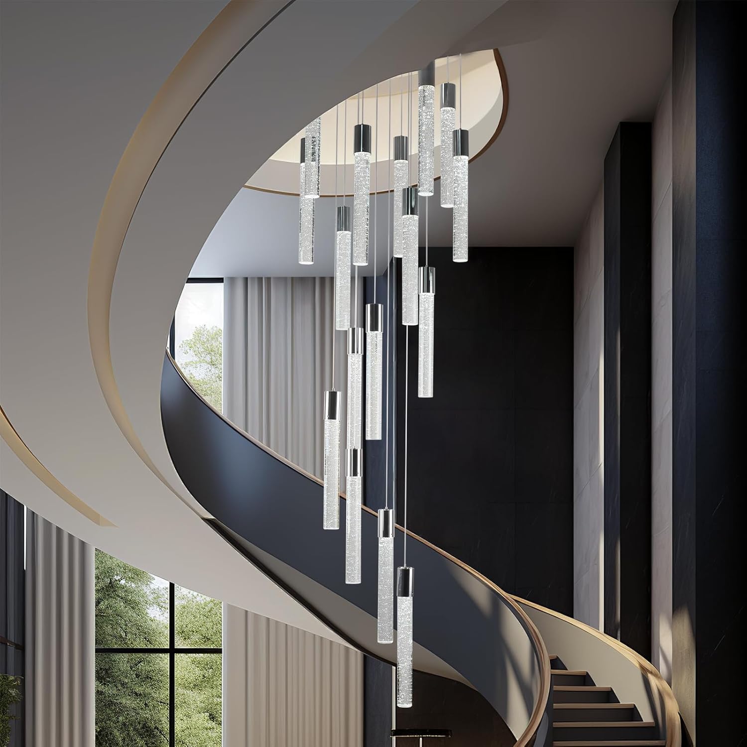 16-Light Chrome Bubble Crystal Chandelier Cool White Spiral Staircase Pendant for High Ceilings Sloped Ceiling Compatible Canopy Adjustable Hanging Height Grand Foyer Entryway