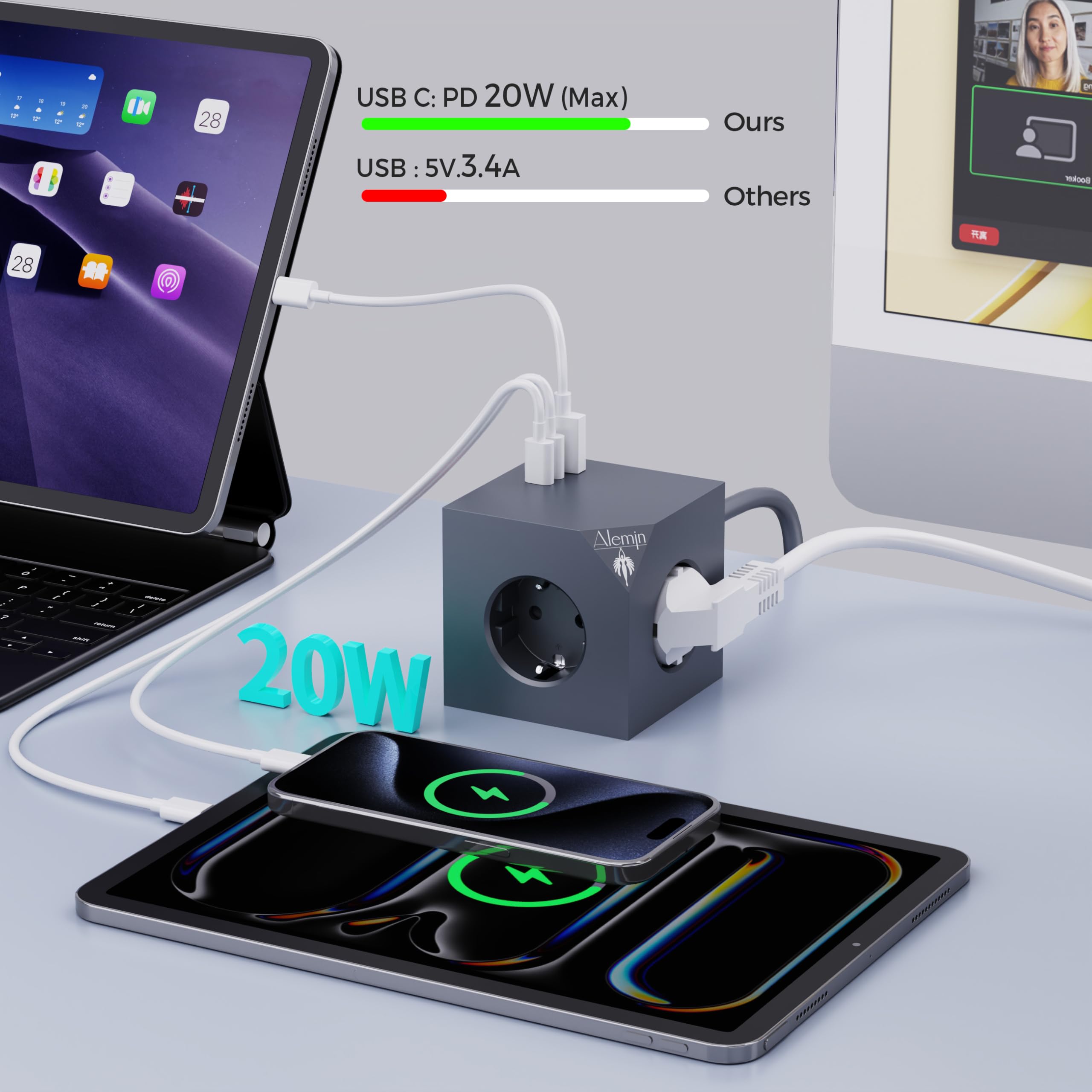 PD20W Stekkerkubus, stekkerkubus met USB C (3680 W/16 A), 3-voudig meervoudige stekkerdoos Cube met 2 USB-C en 1 USB-A, stekkerdoos, 1,5 m verlengkabel voor kantoor, thuis, donkergrijs