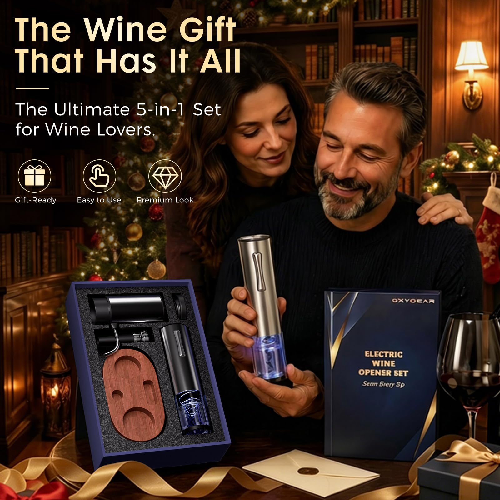 Wiederaufladbarer elektrischer Weinöffner 5-in-1-Geschenkset, Edelstahl Automatischer Weinöffner mit Elektrischem Weinbelüfter, Folienschneider, Vakuumstopfen & Basis, Geschenk Fertig Set für