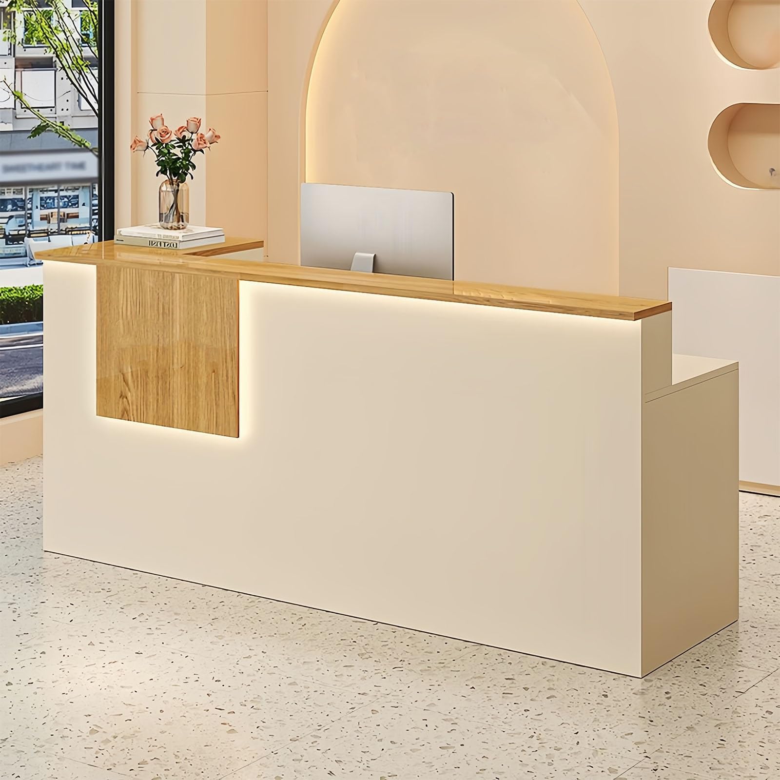 Mostrador Recepción con Cajón con Llave Mostradores para Tiendas | Mesa de Oficina Superficie amplia con estantes, bandeja para teclado para recepción y oficina.(Natural wood/Right,120cm)
