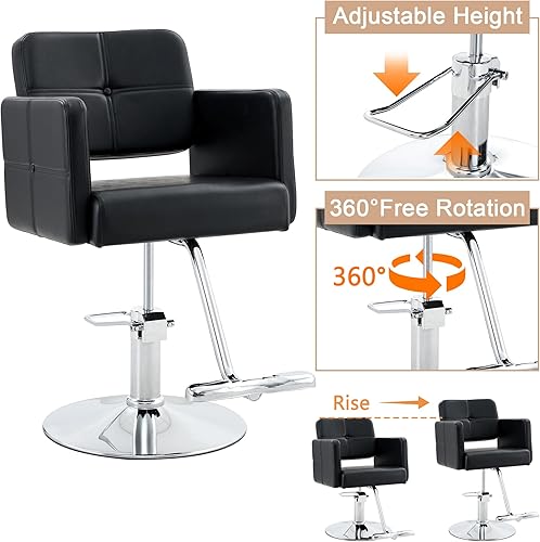 Miniatura 5 de AZmac Barber Chair, Salon Chair for Hair Stylist with 360 Swivel, Modern Black PU Leather Hair Cutting Chair with Silver Height Adjustable Leg for
