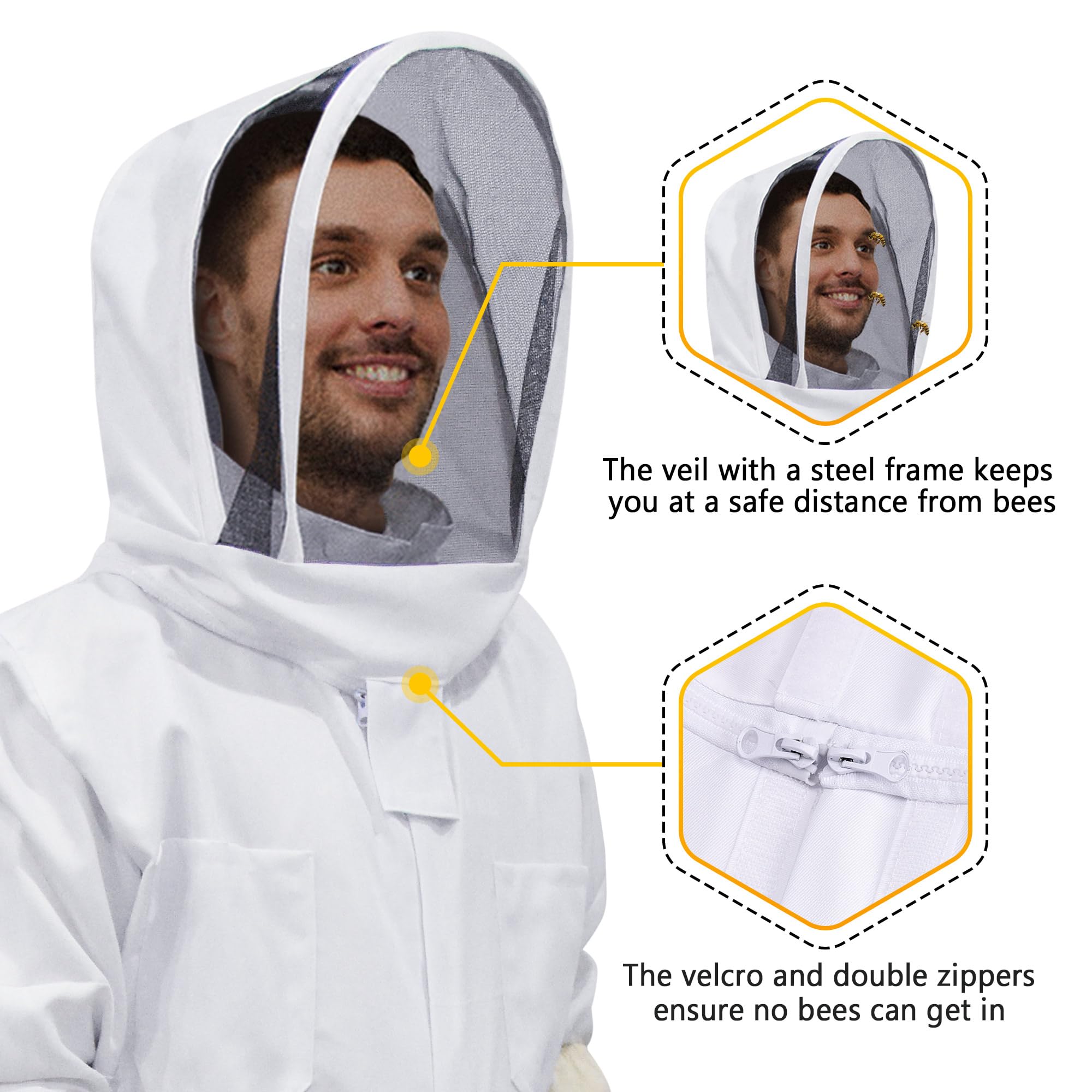 Traje de apicultura profesional de cuerpo completo con capucha de velo para hombres y mujeres, apicultor y principiantes con guantes, cepillo de colmena, raspador (L)