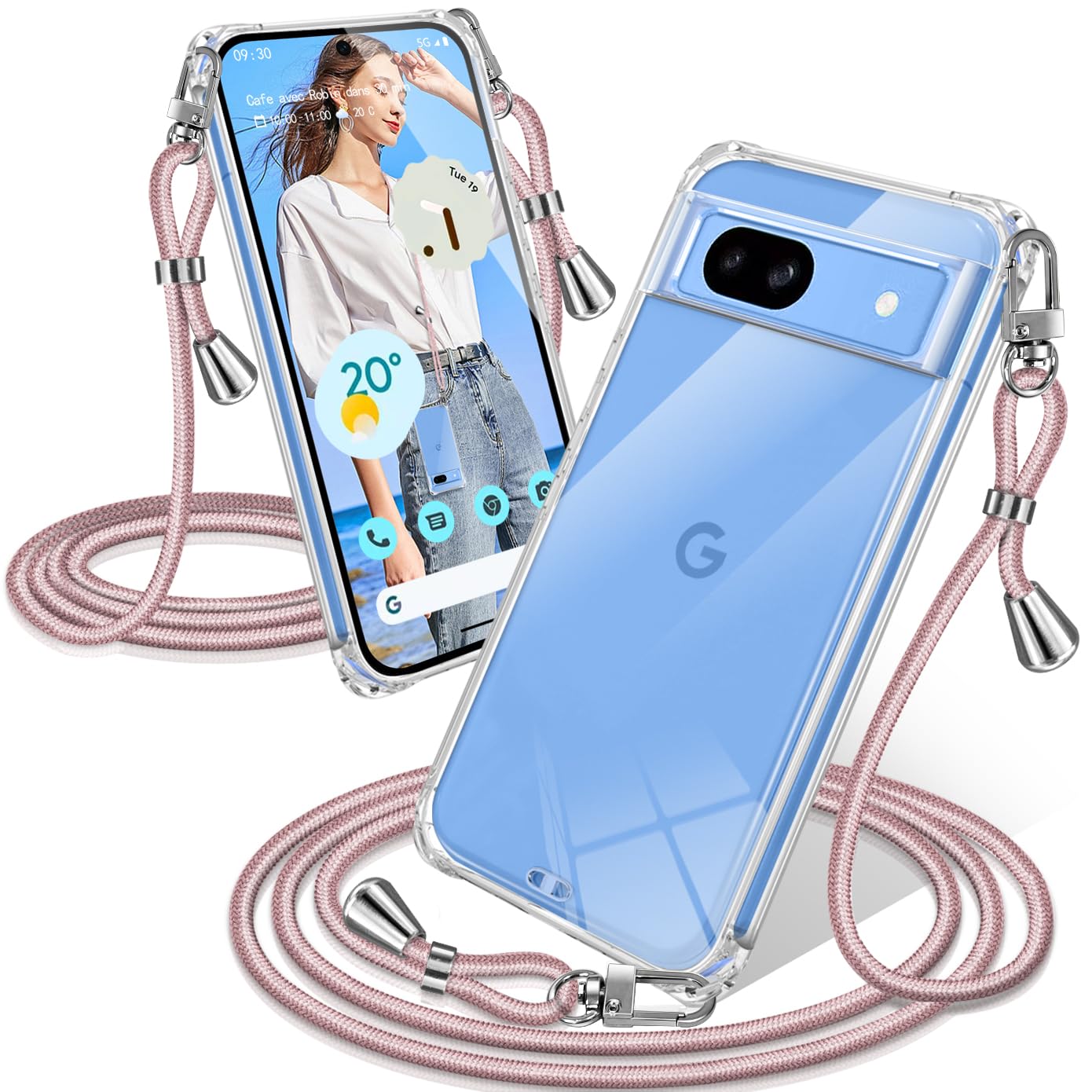 Google Pixel 8a ケース クリア ショルダー 耐衝撃 ピクセル8a カバー スマホケース 透明 織りストラップ付き 肩がけ 首掛け 紐付き 縄掛け 斜めがけ 調節可能 クロスボディ 多目的キャリー ファッションデザイン TPUスマホ 柔軟 軽 薄 (ローズゴールド)