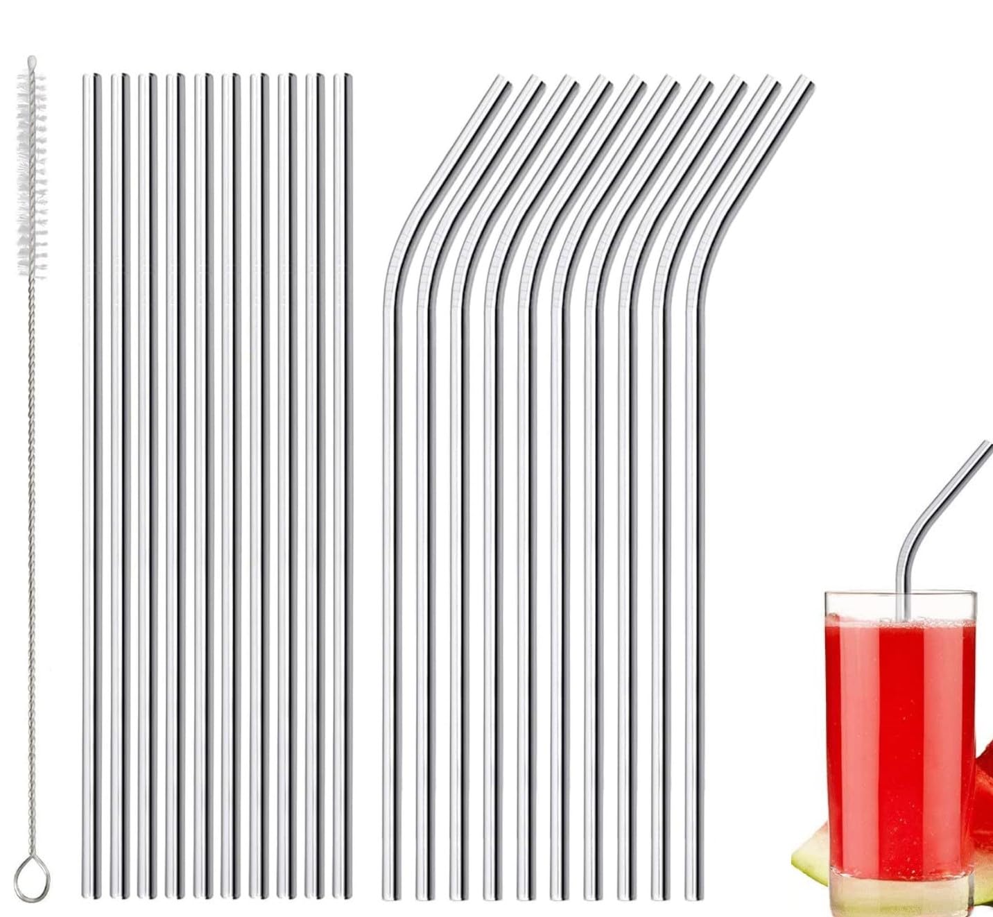 20 Pailles Inox Réutilisables - 10 Droites + 10 Courbes Avec Brosse Nettoyage - Acier Inoxydable 304