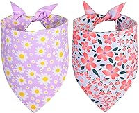 Agroon Reversible Spring Dog Bandanas Large 2PCS - Purple Pink Daisy Plaid Triangle Scarves for Pets, Durable Summer Puppy Bibs