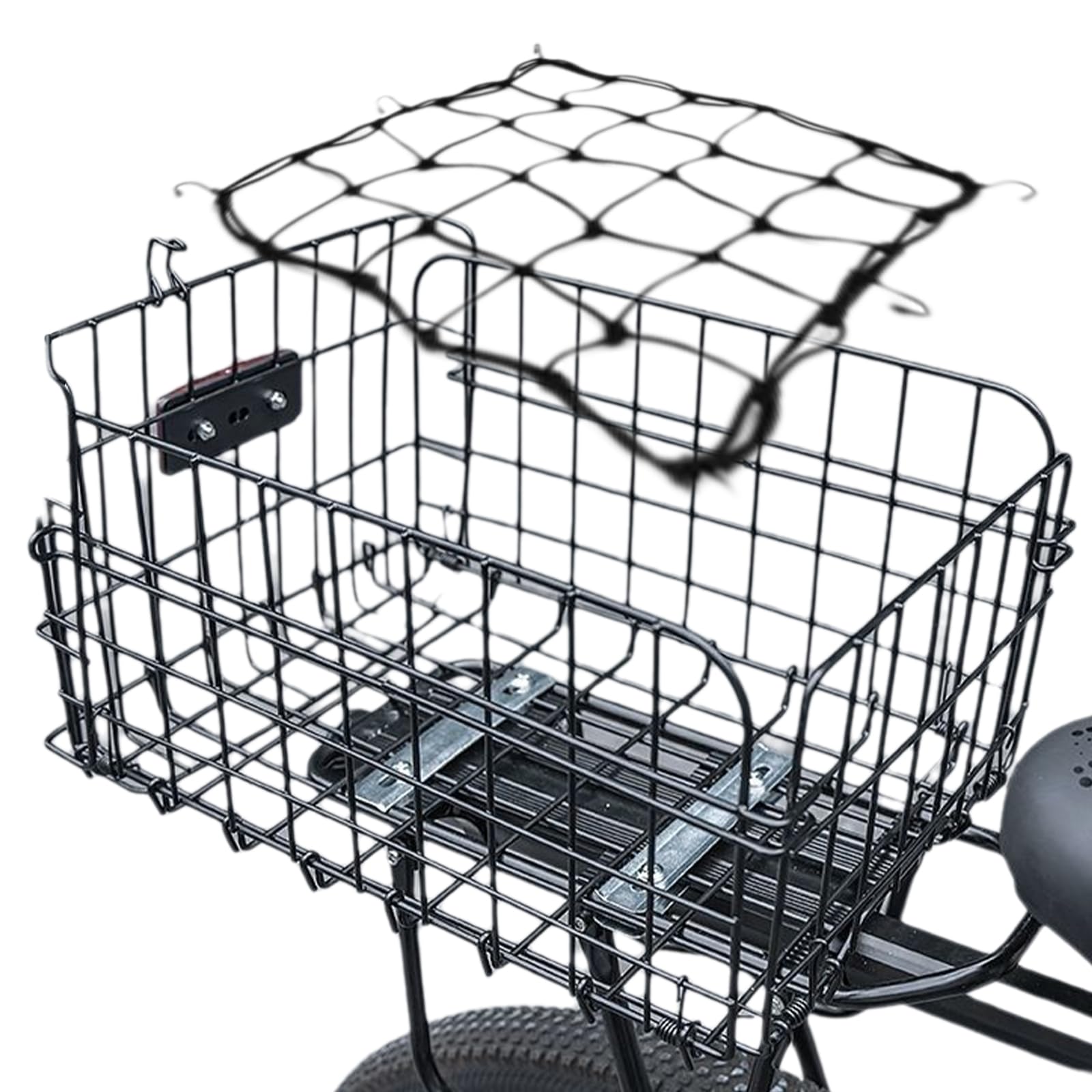 W&H Cesta trasera plegable para bicicleta, cesta de metal grande, plegable, cesta para bicicleta, portaequipajes trasero con accesorios de montaje, red para equipaje y reflector, cesta para bicicleta