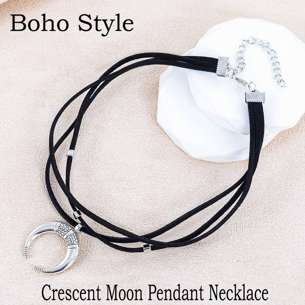 Boho Choker Necklace for Women Moon Pendant Necklace Black Layered Necklace Western Neck Jewelry - Image 2