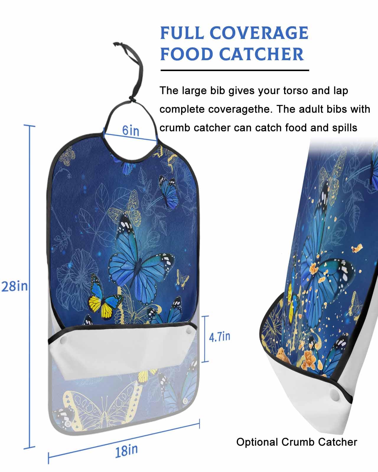 LEOKOTI Blue Butterfly Adult Bibs for Eating, Waterproof Bibs with Food Catcher & Adjustable Snap Closure, Yellow Navy Blue Butterfly Art Washable Clothing Protectors Adult Bibs for Elderly Women/Men