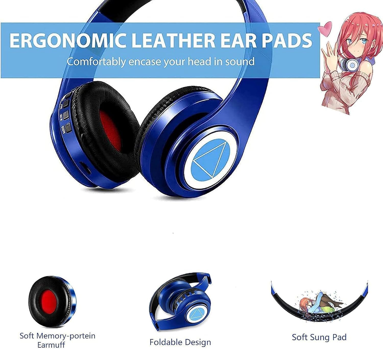 Nakano Miku Cuffie Bluetooth Quintuplets Quintessential con microfono integrato, auricolari wireless pieghevoli sopra l'orecchio, stereo Hi-Fi per Cosplay, blu