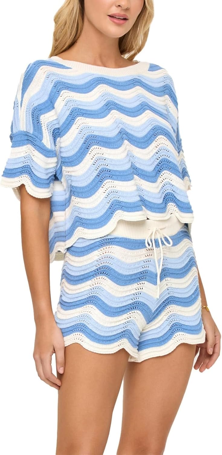 NIFTRIRY 2 Piece Sets for Women Short Sleeve Striepd Crochet Cover Up Tied Shorts Beach Clothes