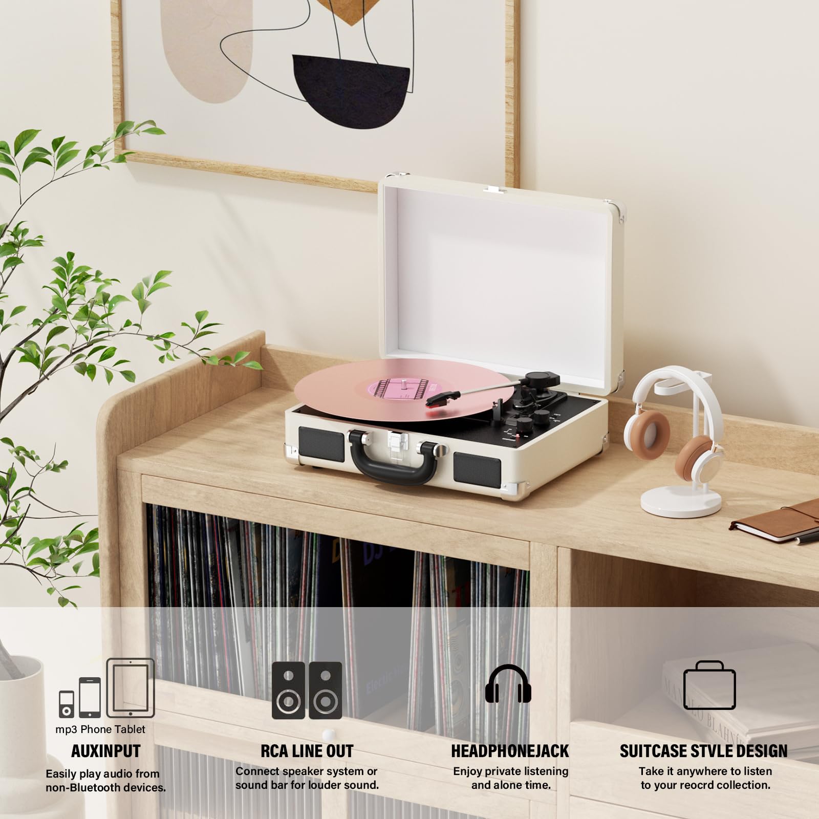 Plattenspieler,Mersoco Vinyl-Bluetooth-Plattenspieler, tragbarer Schallplattenspieler mit integrierten Lautsprechern und 3Geschwindigkeiten, Vintage-Koffer mit RCA-Ausgang, AUX-Eingang