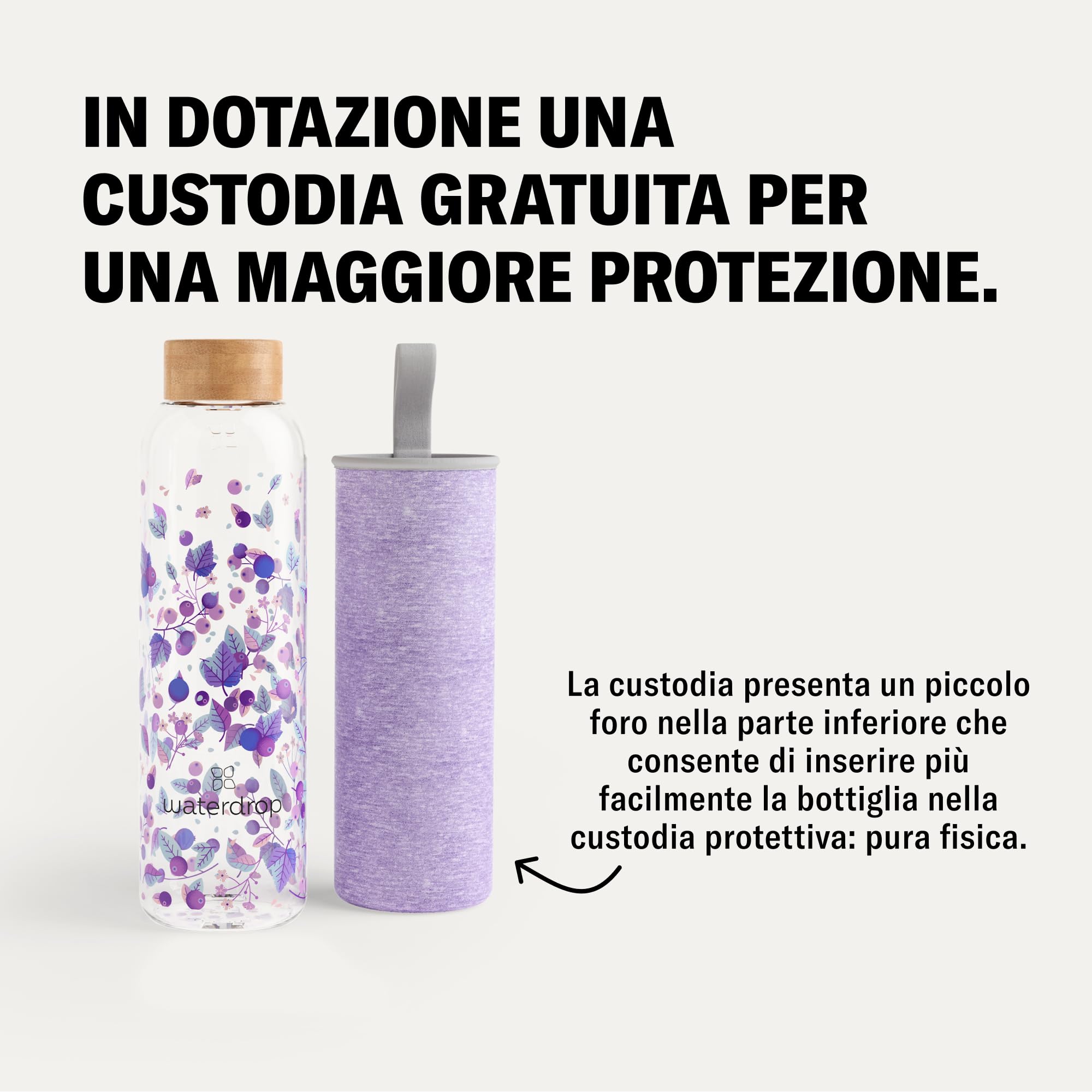 waterdrop® Borraccia in Vetro 600ml – Borraccia Personalizzata con Tappo in Bambù, Custodia Neoprene, Antigoccia, BPA Free – Borracce Design per Sport, Ufficio, Viaggio, Casa