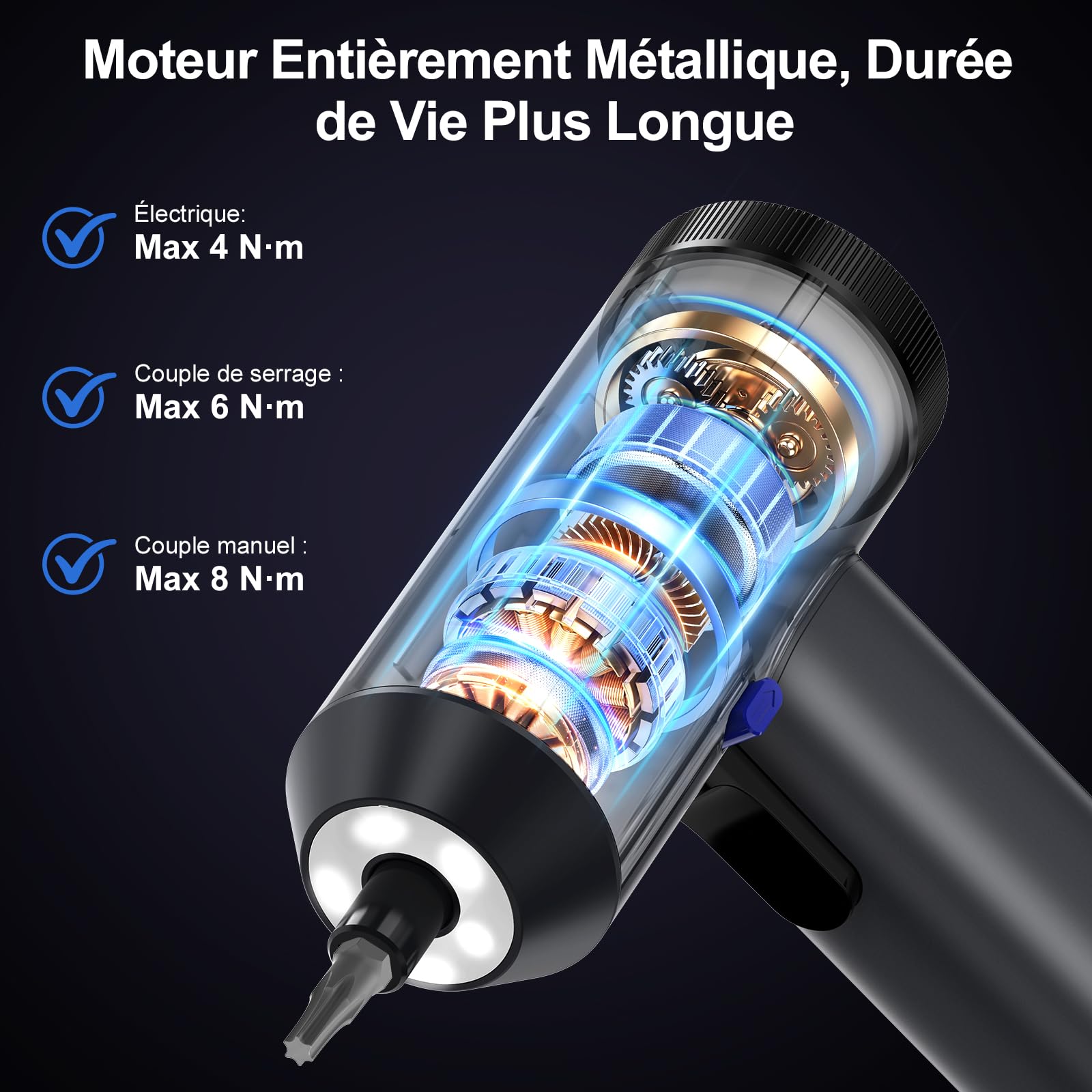HYCHIKA Tournevis Électrique Sans Fil 6 Nm,2200mAh Compacte Perceuse Visseuse 7 Réglages,Rechargeable USB avec Écran LED,Mini Visseuse Dévisseuse Kit,Embouts pour Réparation Électronique,et Maison
