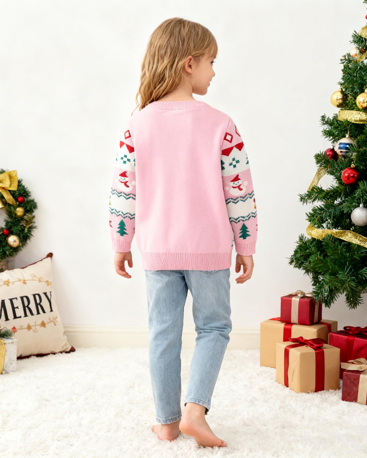 Kleinkind Weihnachten Pullover Schneemann Mädchen Stricken Crewneck Schneeflocke Pullover Kinder Niedlich Weihnachten Rosa Kleidung Tops 3-7 Jahre
