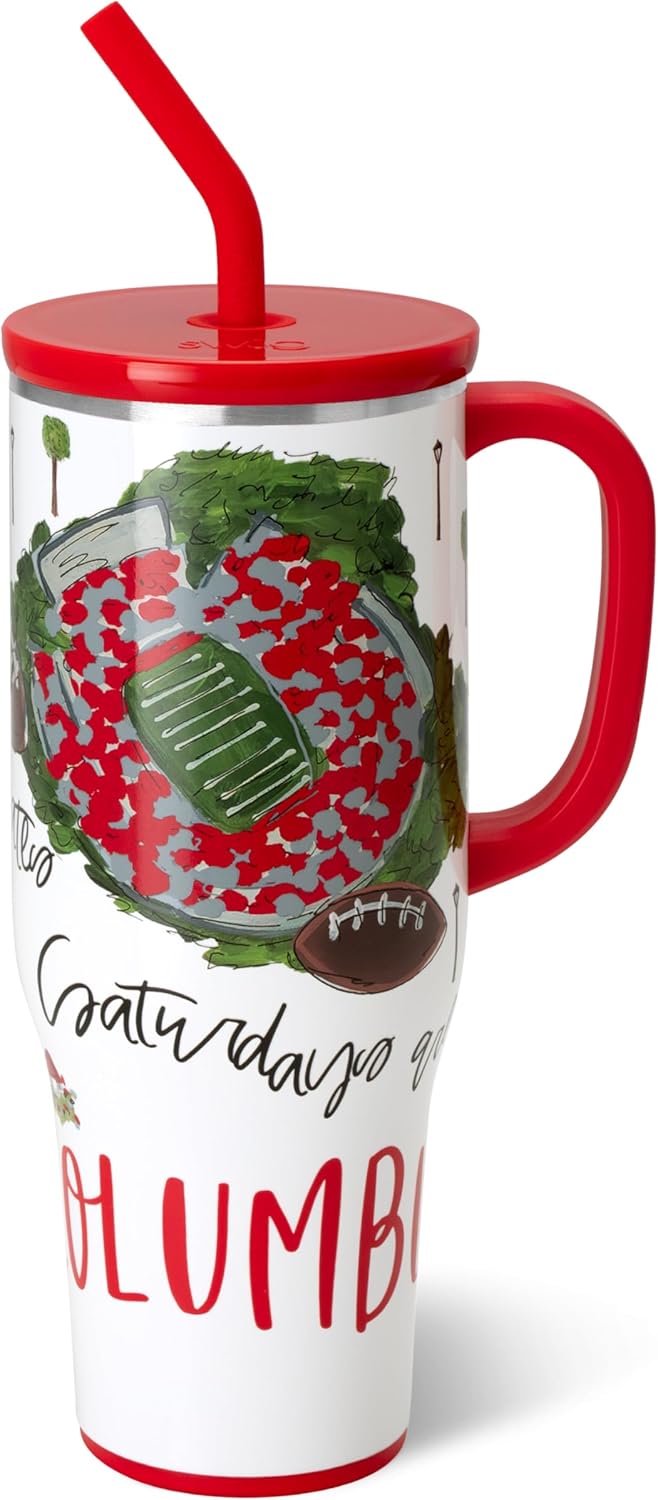 Swig Life 40oz Mega Mug, 40 oz Tumbler with Handle and Straw, Cup Holder Friendly, Dishwasher Safe, Extra Large Insulated Tumbler, Stainless Steel (Saturdays in Columbus)