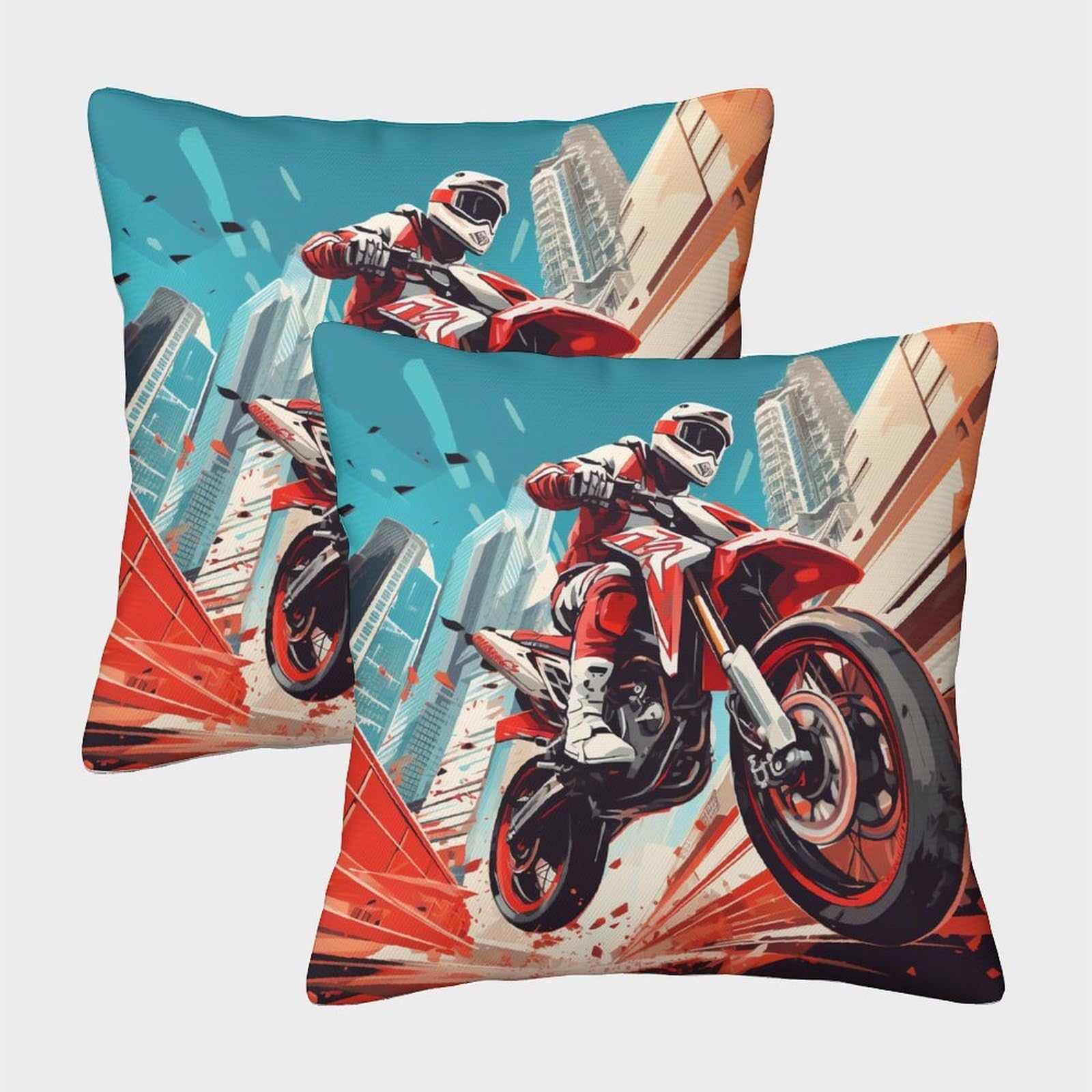 kaiyun 2 Pack Motocross,City Scape 3D Cushion Cover Pillow Cover Sofa Outdoor Decoration Square 40x40cm