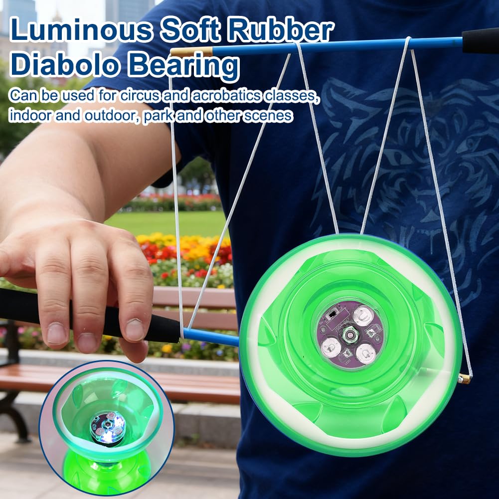 LED Diabolo Freiläufer mit Kugellager Diabolo Leuchtend im Dunkeln,4Farben Licht Diablo Jonglier Set,Dreifache Lagerung Set für Kinder Erwachsene,Anfänger Profis Freilauf Zirkus Jonglierspielzeug,Grün
