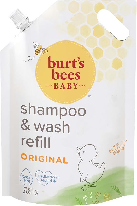 Burt's Bees Baby Shampoo and Baby Wash Refill, Original, Plant-Based Formula, Tear-Free, Pediatrician-Tested, Natural Origin, Gently Cleans Sensitive Skin and Hair, 33.8 Fl Oz