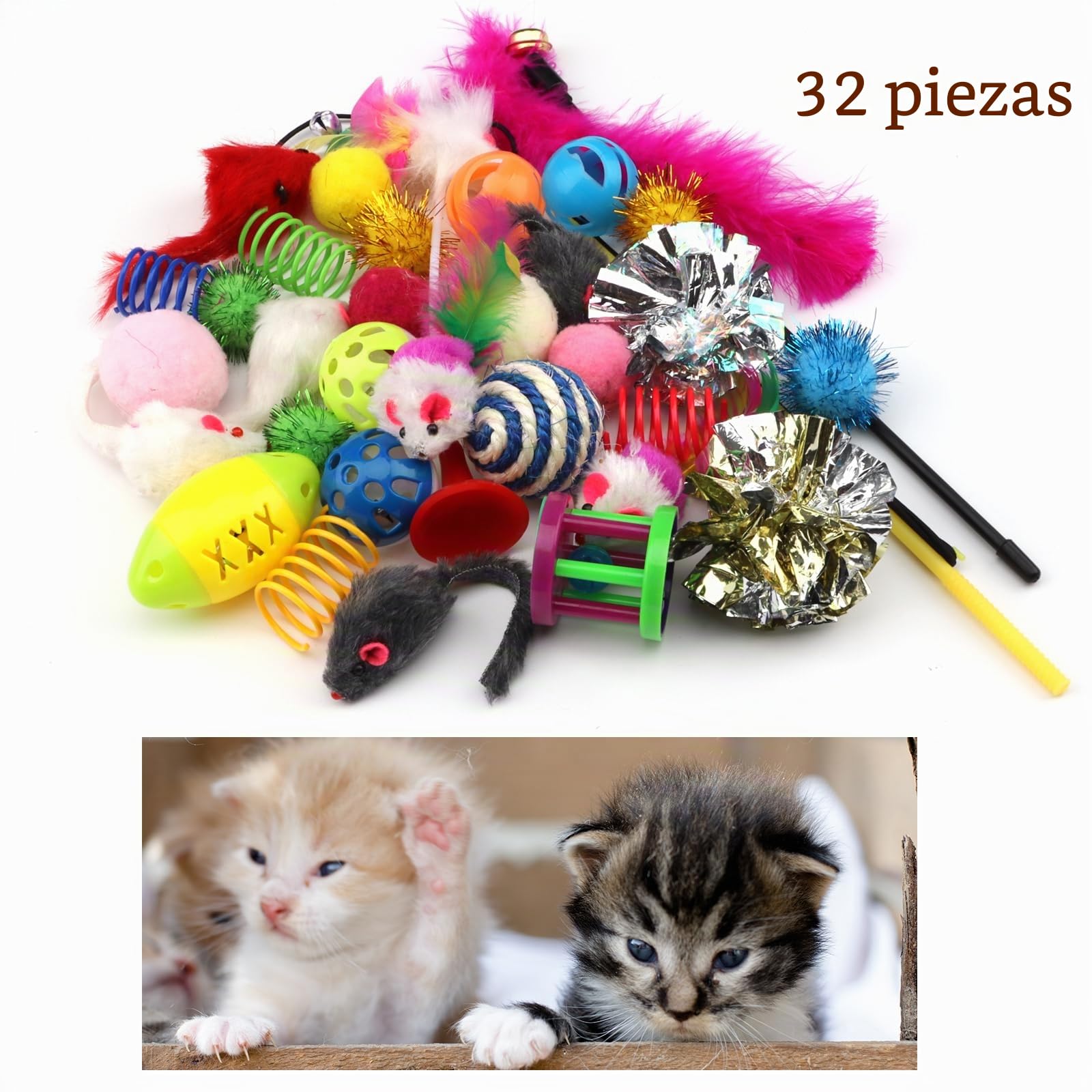 QUOZUO Paquete variado de 32 juguetes para gatos: bolas de gato, plumas, ratones, bolas arrugadas, juguetes de hierba gatera para gatitos de interior