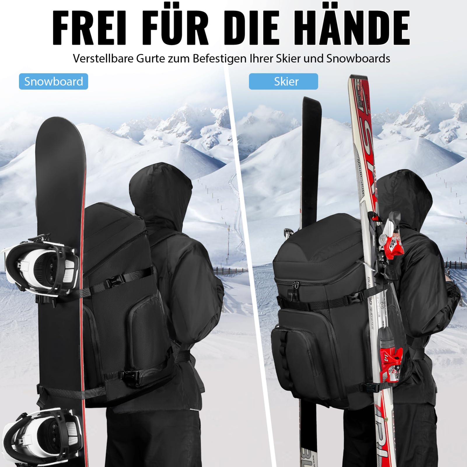 YOREPEK Skischuhtasche mit Helmfach und Rucksackgurten, 65L Groß Skitasche mit 8 Fächern