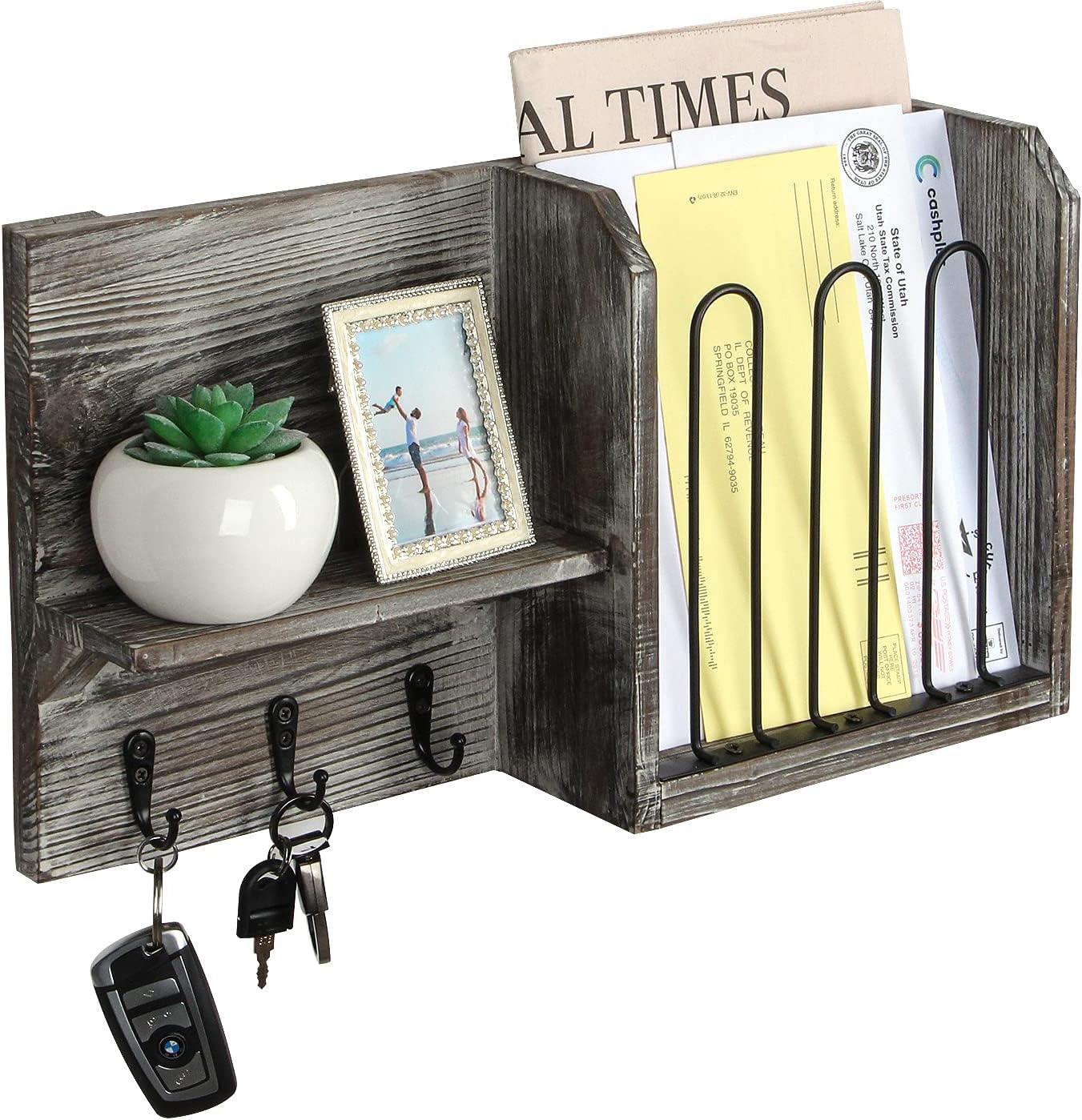 J JACKCUBE DESIGN Wall Mounted Rustic Wood Key & Mail Sorter Organizer ...