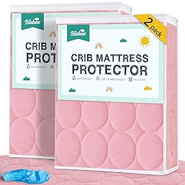 Biloban Crib Mattress Protector 2 Pack, Waterproof, Quilted, Absorbent, Noiseless, 52 x 28 Pink