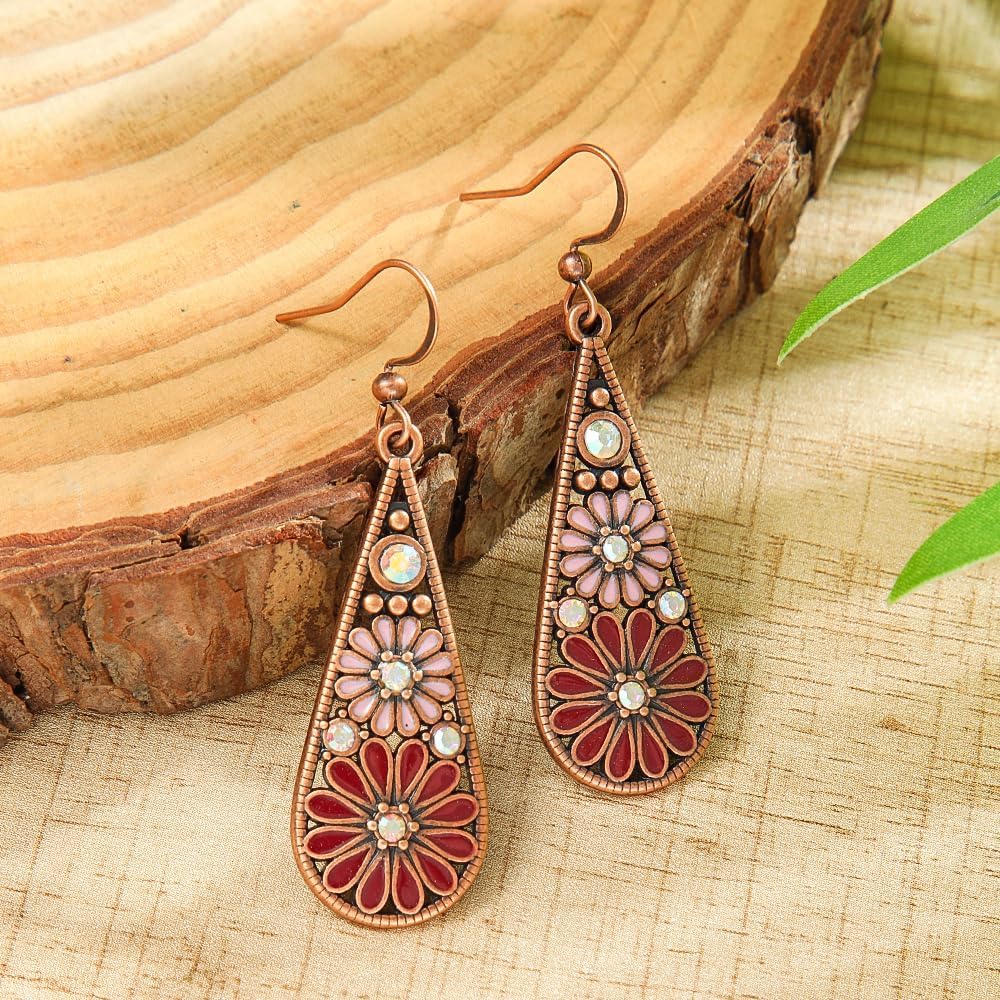 Handmade Bohemian Tribal Retro Copper Crystal Teardrop Dangle Drop Earrings National Style Geometry Colorful Enamel Flower Hook Earrings for Women - Image 6
