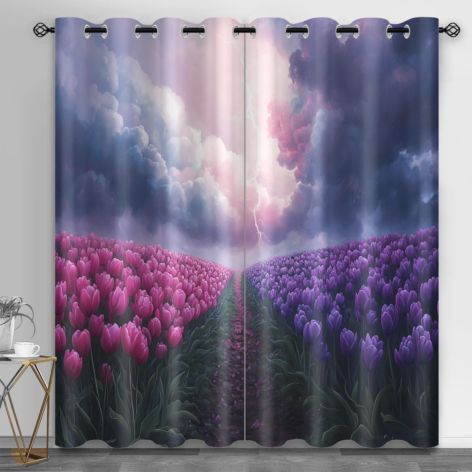 Rideau tamisant occultant partiel motif tulipes contre les reflets soleil