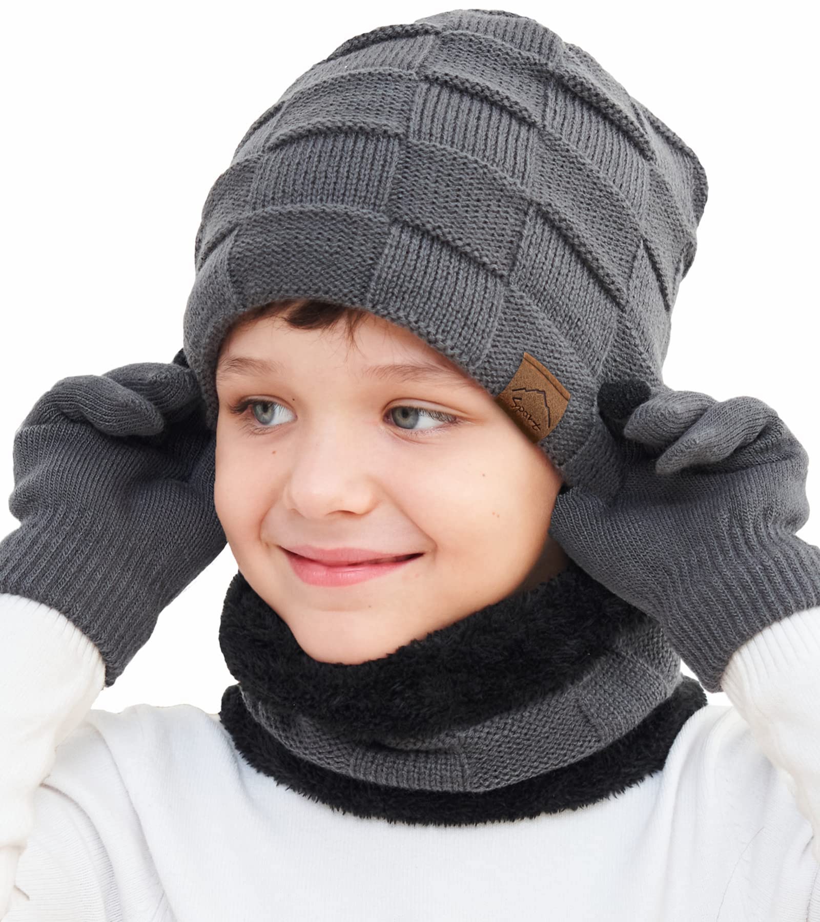 Kids Winter Beanie Hat Scarf Touchscreen Gloves Set for Boys Girls 4-15 Years Warm Skull Cap Fleece Lined Knitted Hat