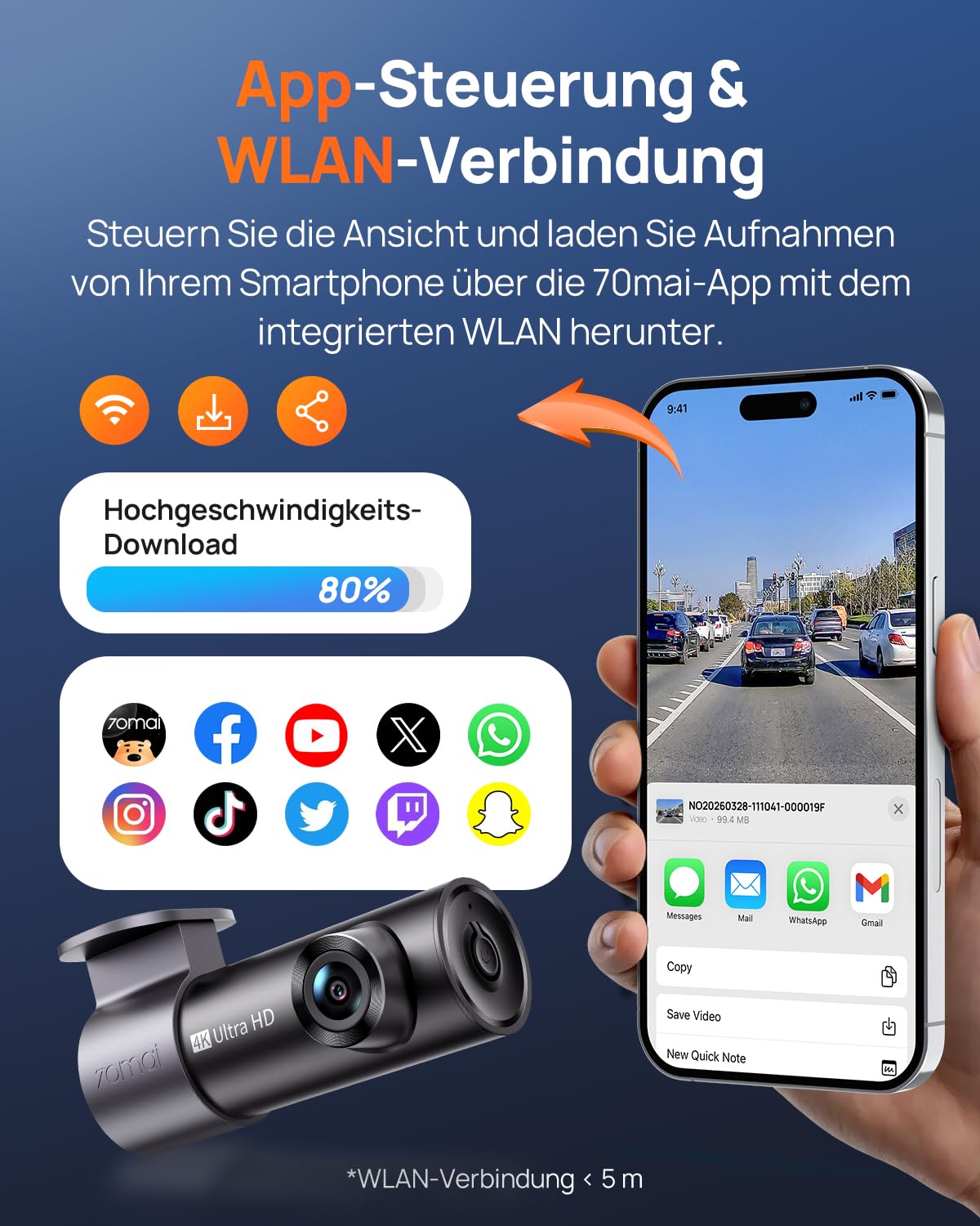 70mai M310 Plus 4K Dashcam 2160P Mini mit 360° Drehbarl, WiFi, G-Sensor, Super Nachtsicht, WDR, F1.55 Blende, 24h Parküberwachung, Loop-Aufnahme, 256 GB
