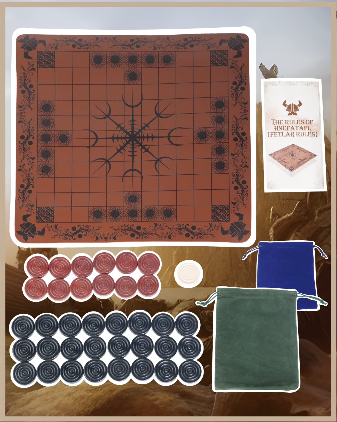 Extguds HNEFATAFL: Viking Chess Board Game, Authentic Traditional Two-Player Strategy Board Game, Travel Games with Chessboard. A Leather Game Board+37 Pieces+A Game Strategy+2 Plush Storage Bags