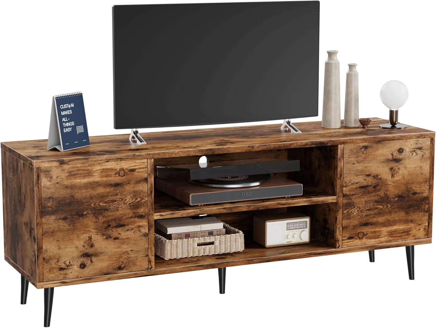 Flamaker TV Stand, 58 Inch Entertainment Center with 2 Doors and 2 Storage Cabinets for TV up to 65 inch, TV Console Table for Living Room, Bedroom, Office (White and Oak)