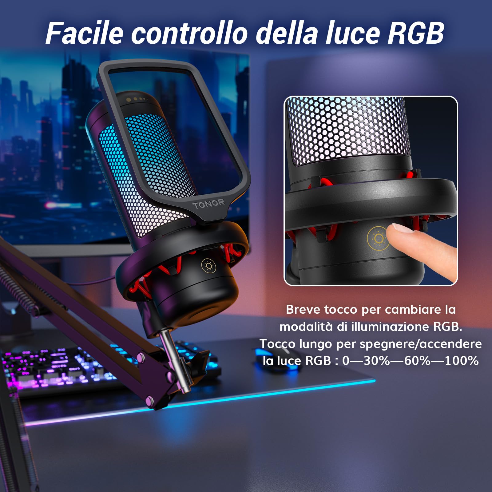 TONOR Gaming Mic, Microfono USB con Supporto per Braccio, Micro a Condensatore Cardioide con RGB e Luminosità Regolabili, Mute Rapido, Controllo del Guadagno, per Streaming, Gaming TC310+
