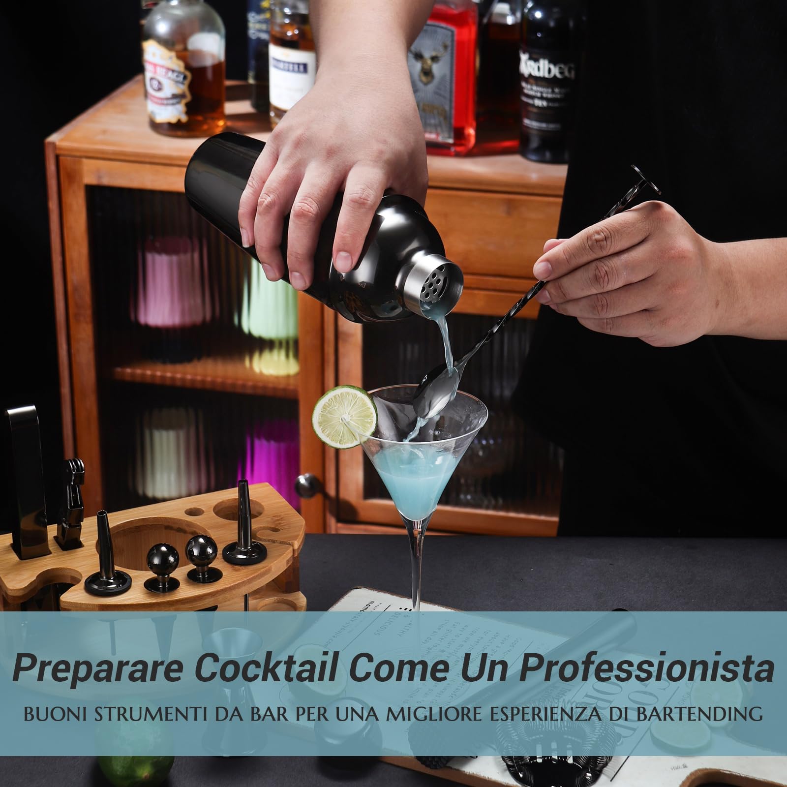 Set Shaker Cocktail Kit Barman con Supporto, Set Barman in Acciaio INOX da 750ML 12 pezzi con dosatore misurino cocktail, Kit Barman Professionale Completo per Home Bar, Regali per Papà (Nero)