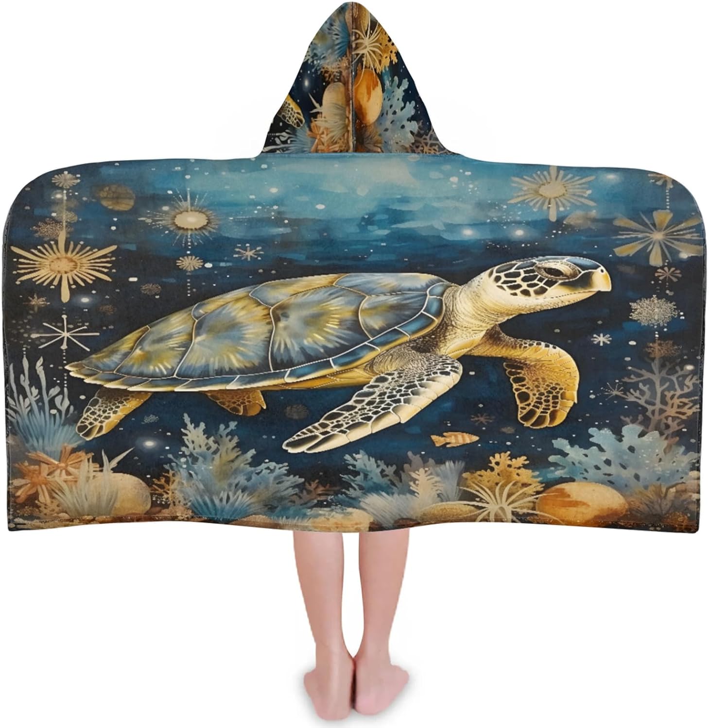 Watercolor Sea Turtle Print Hooded Towels for Kids Absorbent Soft Pool Swim Beach Bath Towel for Boys Girls, 24 in x 50 in